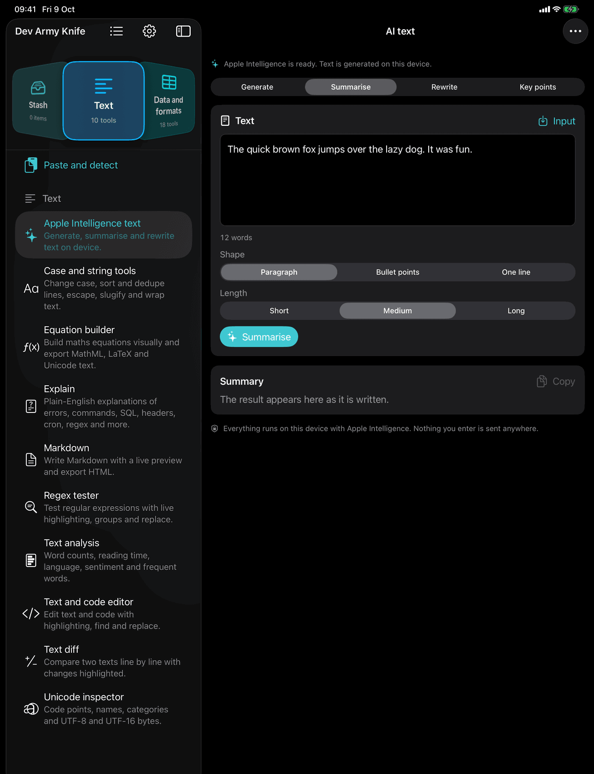 Dev Army Knife on iPad: Apple Intelligence text. Generate, summarise and rewrite text on device