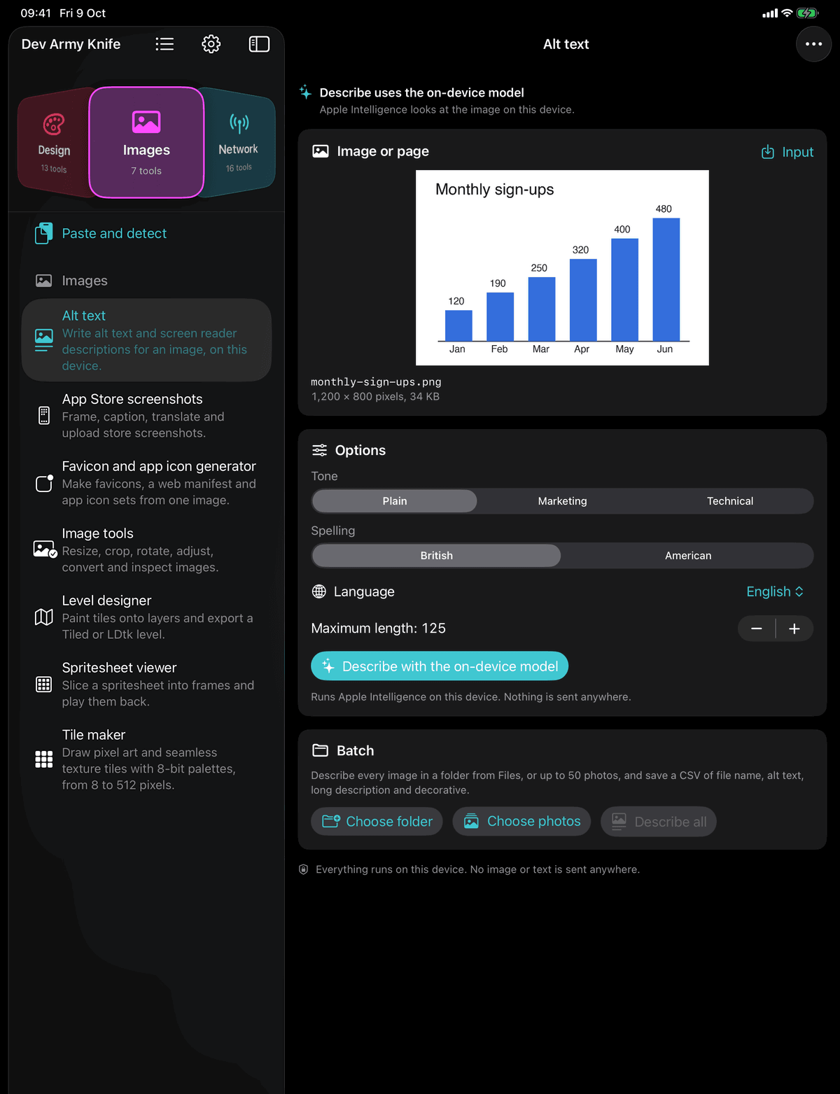 Dev Army Knife on iPad: Alt text. Write alt text and screen reader descriptions for an image, on this device