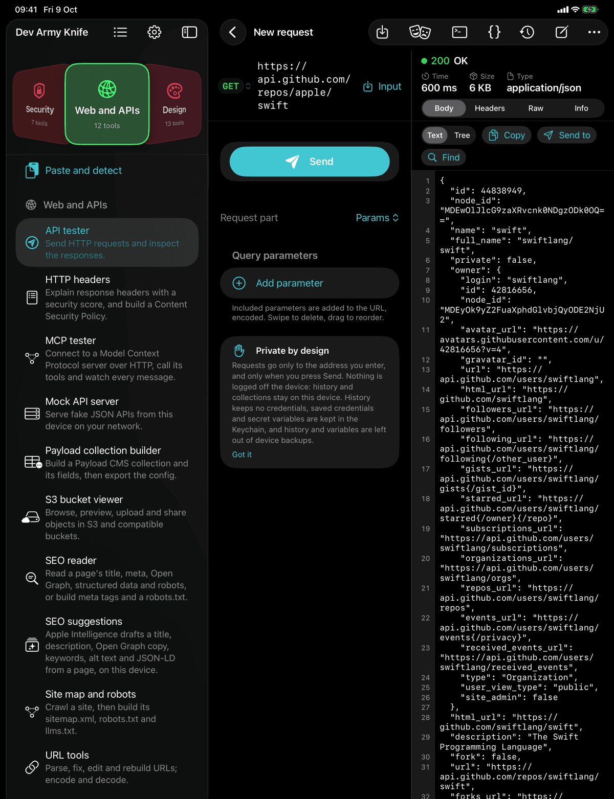 Dev Army Knife on iPad: API tester. Send HTTP requests and inspect the responses