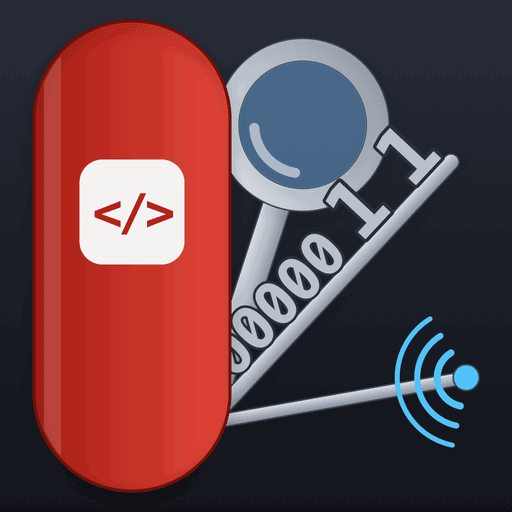 The Dev Army Knife app icon: a red Swiss army knife with a code tag on the handle, a magnifier, binary digits and a Wi-Fi blade