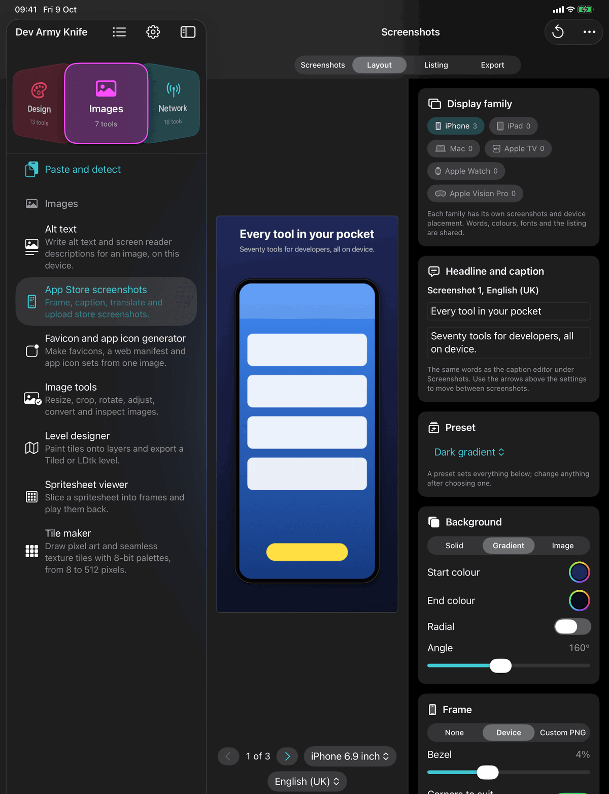 Dev Army Knife on iPad: App Store screenshots. Frame, caption, translate and upload store screenshots