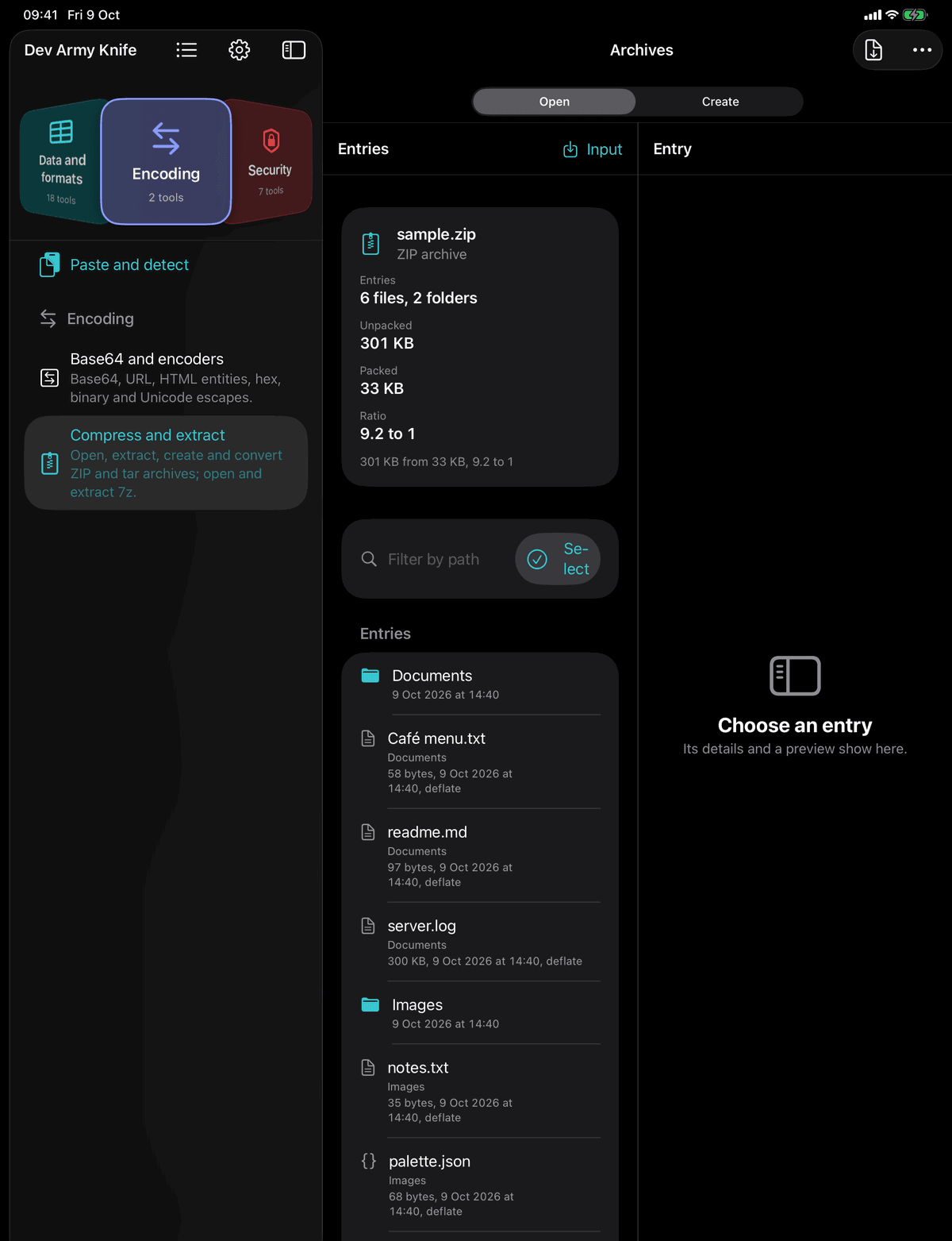 Dev Army Knife on iPad: Compress and extract. Open, extract, create and convert ZIP and tar archives; open and extract 7z