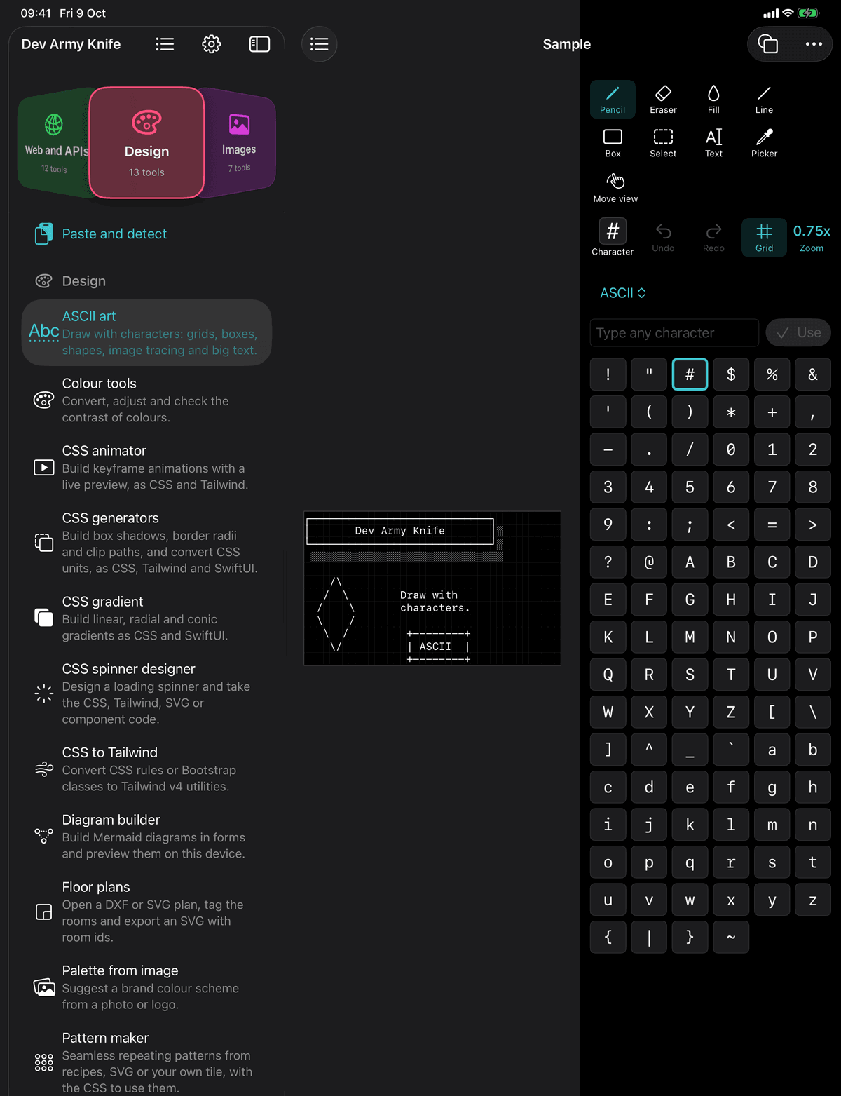 Dev Army Knife on iPad: ASCII art. Draw with characters: grids, boxes, shapes, image tracing and big text