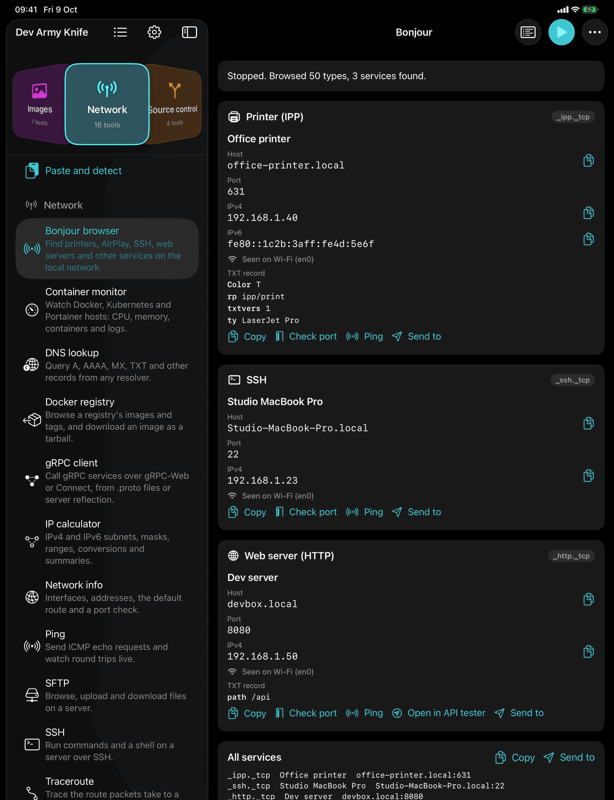 Dev Army Knife on iPad: Bonjour browser. Find printers, AirPlay, SSH, web servers and other services on the local network