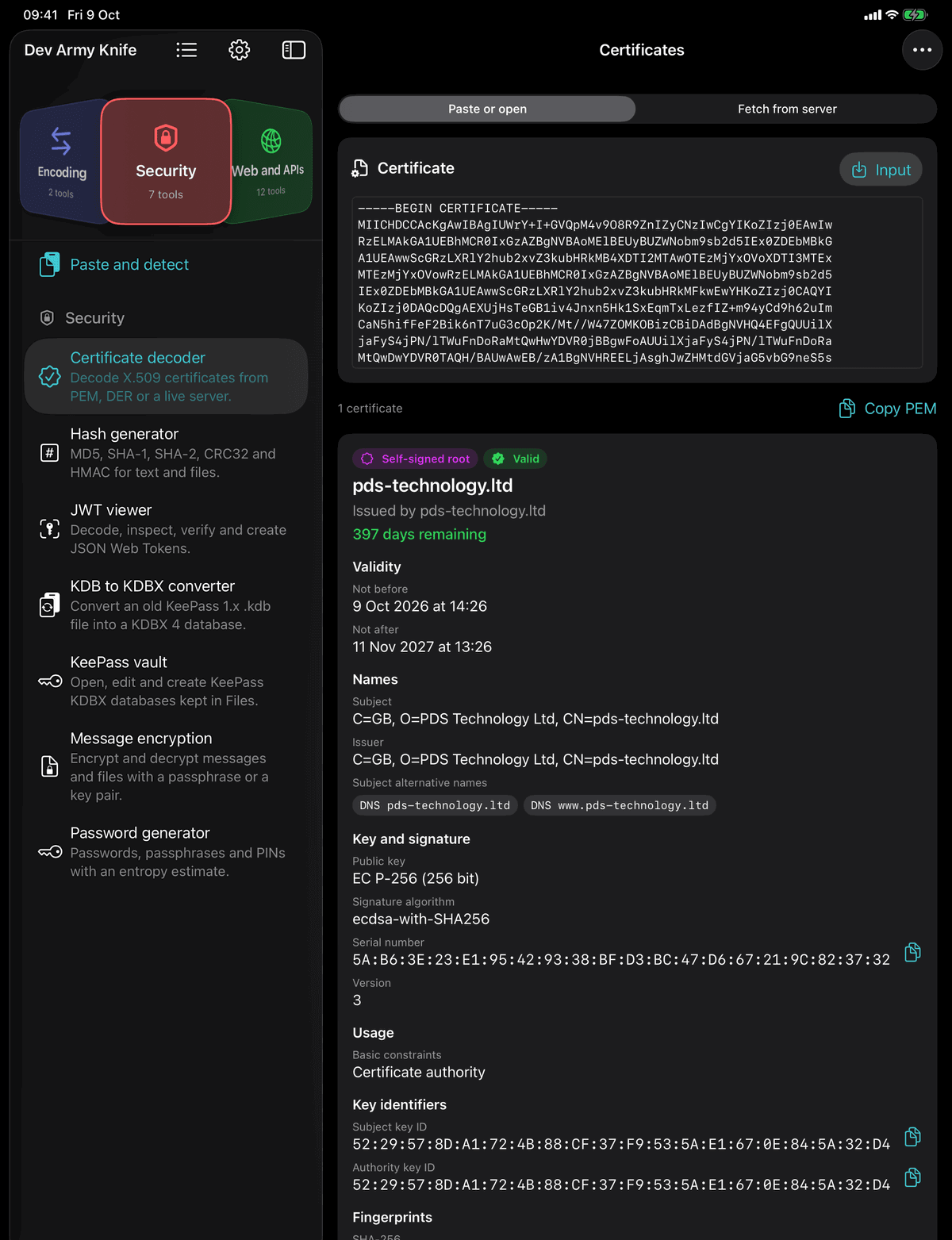 Dev Army Knife on iPad: Certificate decoder. Decode X.509 certificates from PEM, DER or a live server