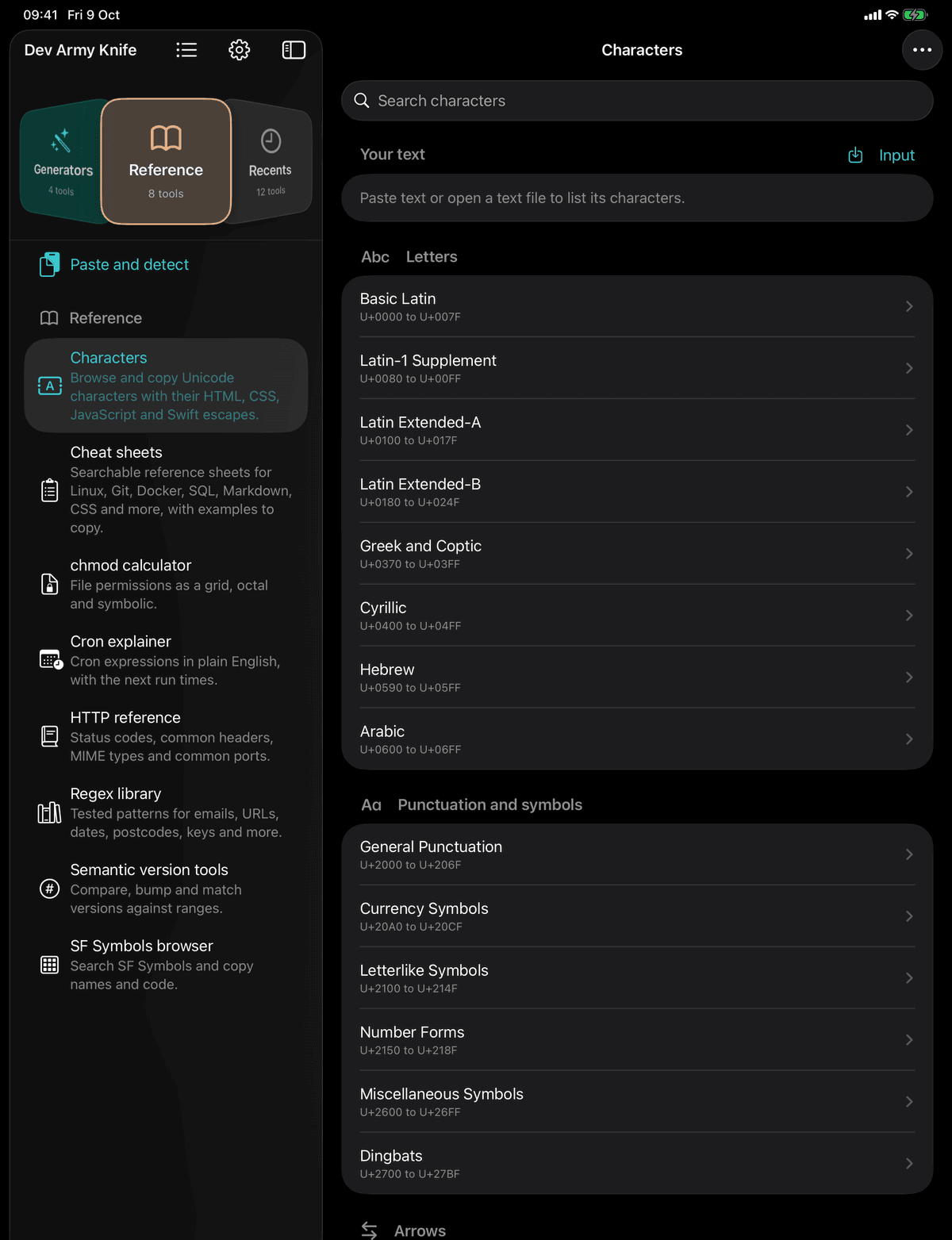 Dev Army Knife on iPad: Characters. Browse and copy Unicode characters with their HTML, CSS, JavaScript and Swift escapes