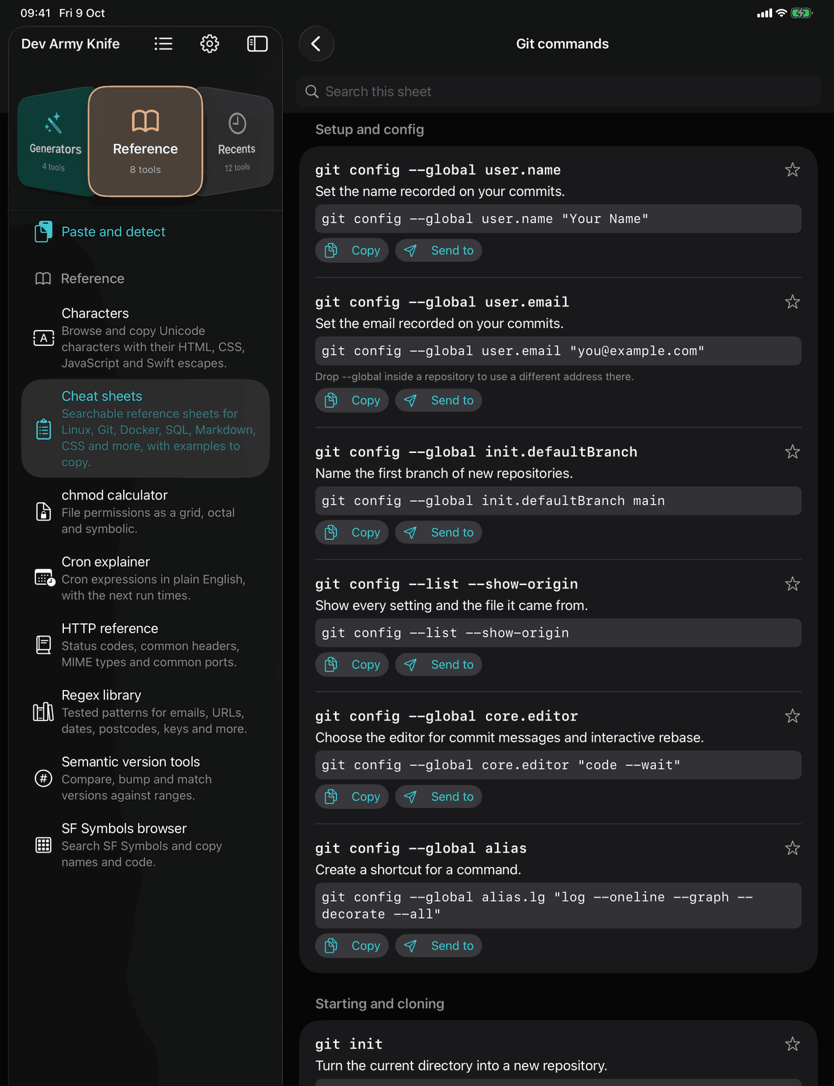 Dev Army Knife on iPad: Cheat sheets. Searchable reference sheets for Linux, Git, Docker, SQL, Markdown, CSS and more, with examples to copy