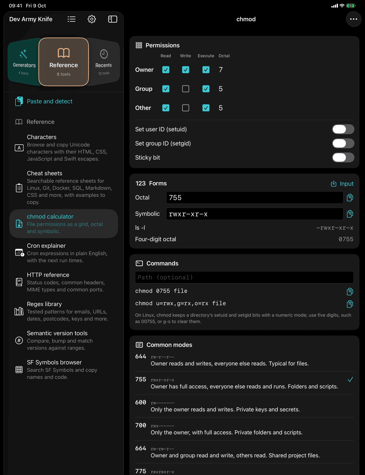 Dev Army Knife on iPad: chmod calculator. File permissions as a grid, octal and symbolic