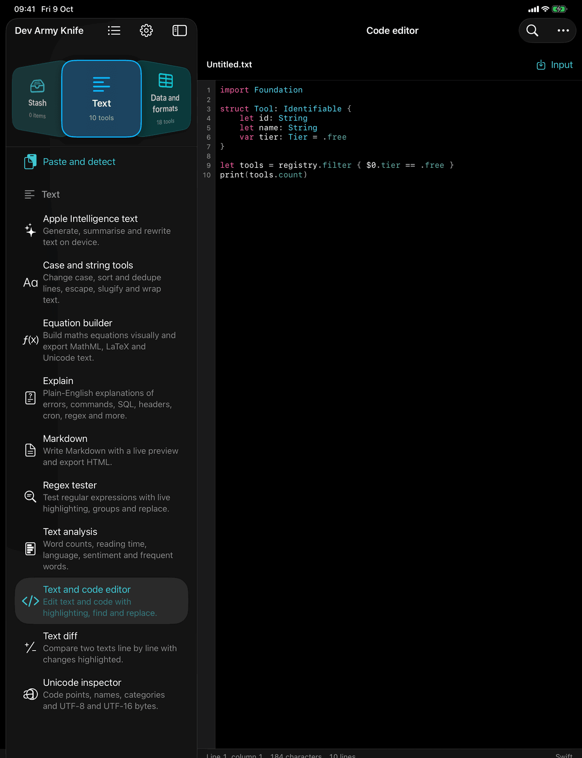 Dev Army Knife on iPad: Text and code editor. Edit text and code with highlighting, find and replace