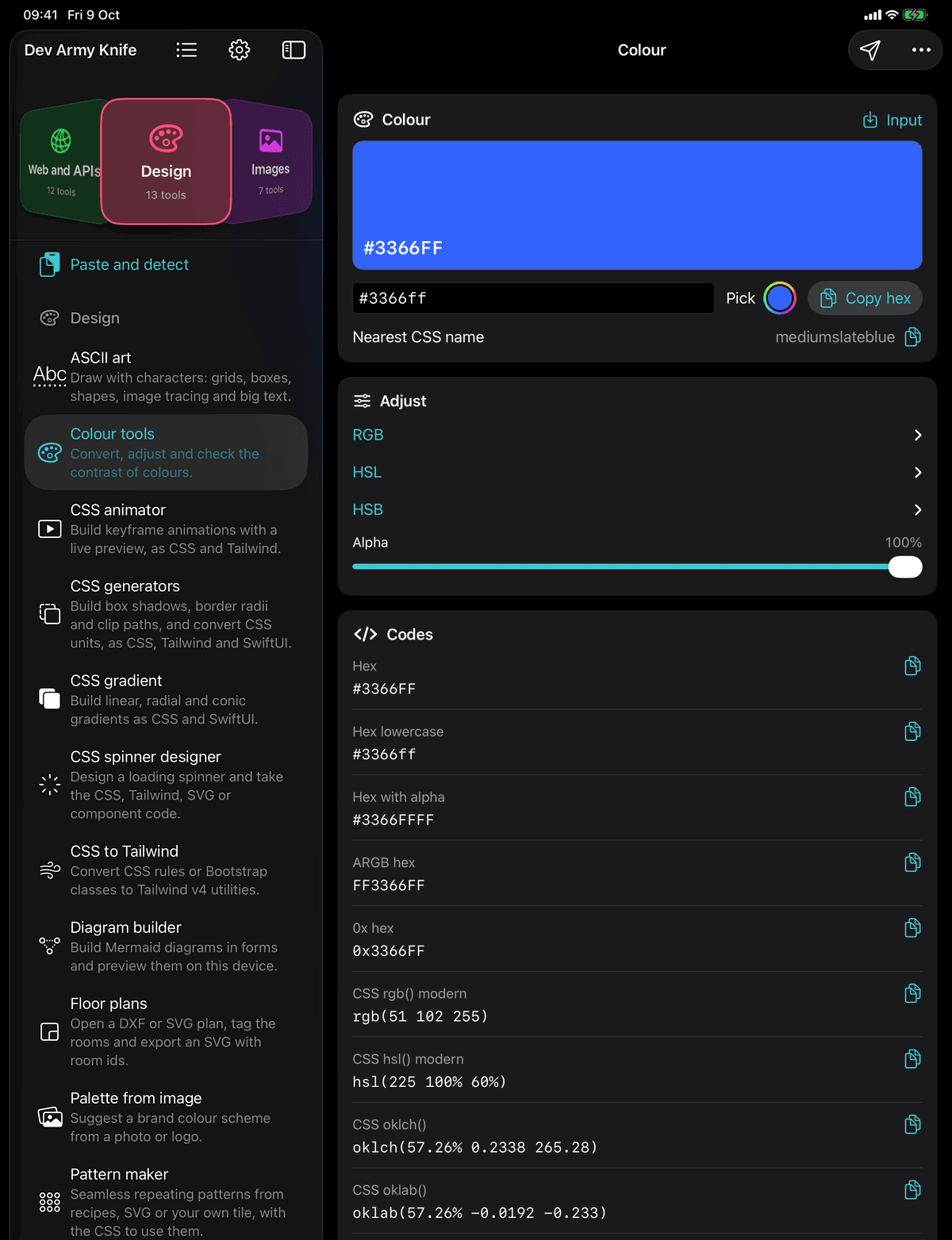 Dev Army Knife on iPad: Colour tools. Convert, adjust and check the contrast of colours