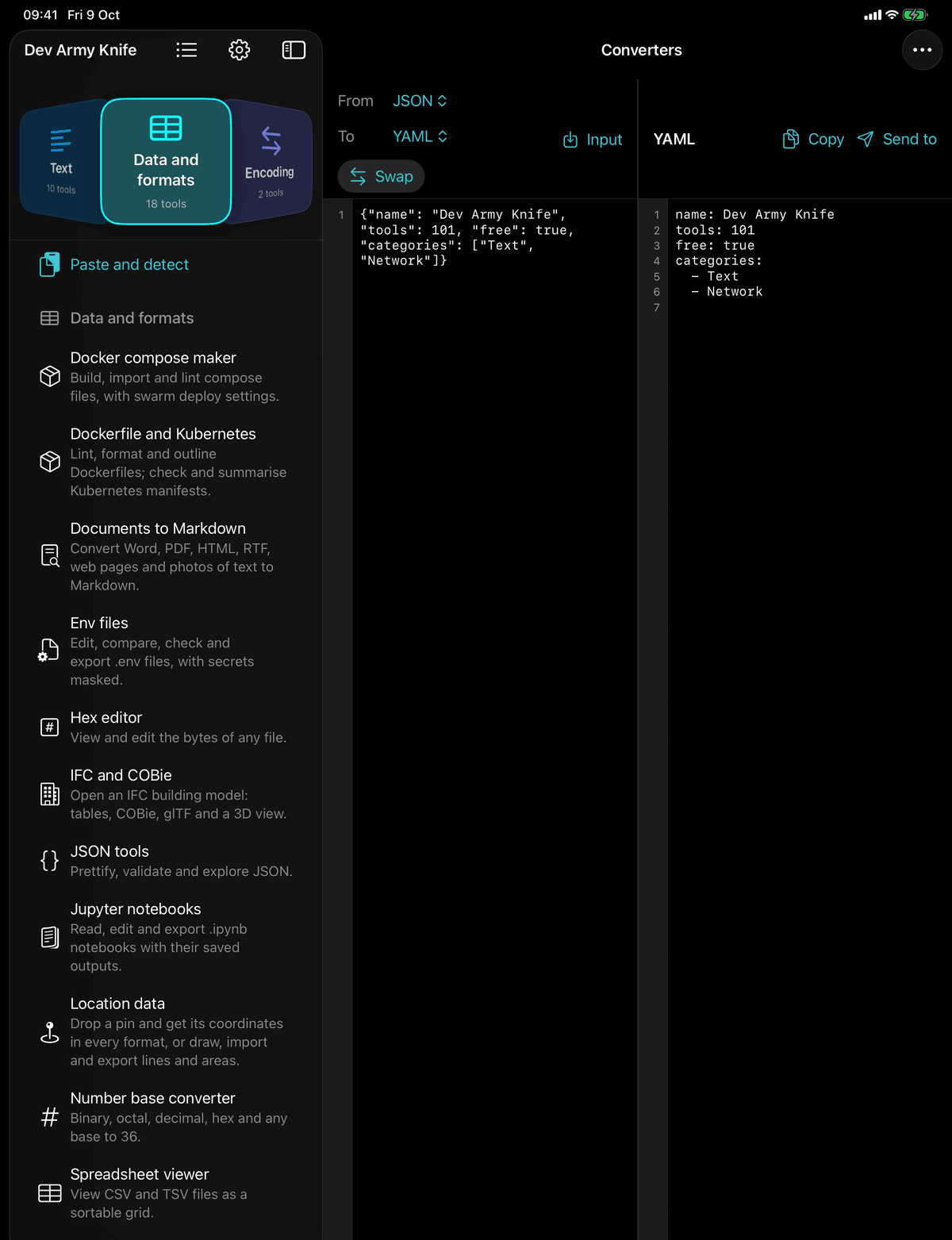 Dev Army Knife on iPad: YAML, XML, plist and CSV converters. Convert between JSON, YAML, XML, property lists, CSV and TSV