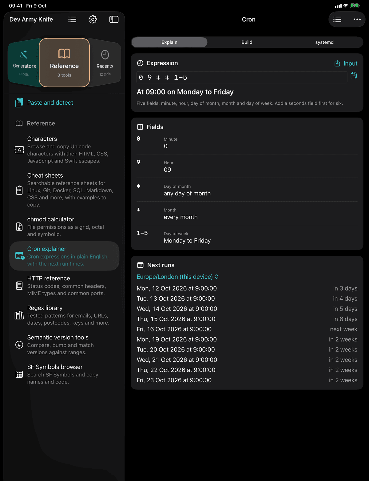 Dev Army Knife on iPad: Cron explainer. Cron expressions in plain English, with the next run times