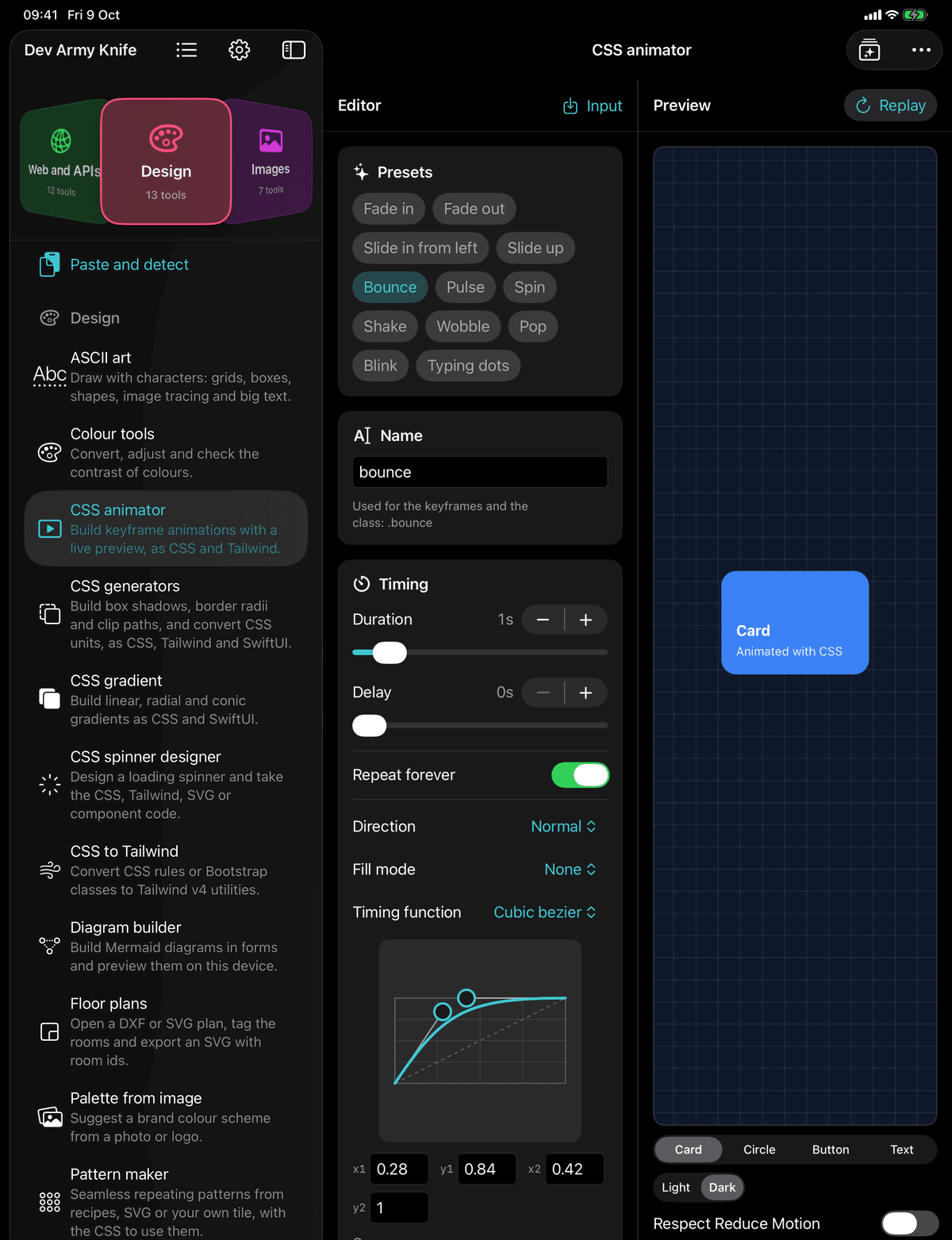 Dev Army Knife on iPad: CSS animator. Build keyframe animations with a live preview, as CSS and Tailwind
