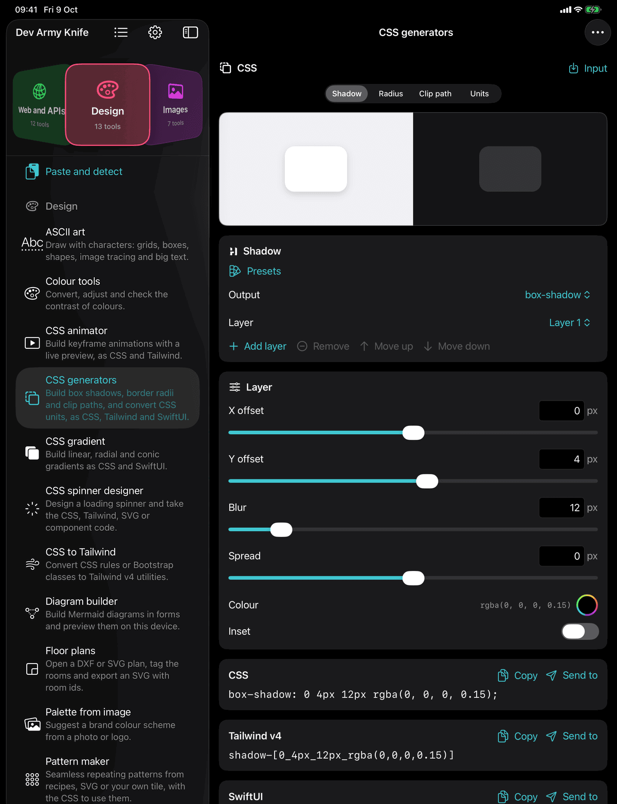 Dev Army Knife on iPad: CSS generators. Build box shadows, border radii and clip paths, and convert CSS units, as CSS, Tailwind and SwiftUI