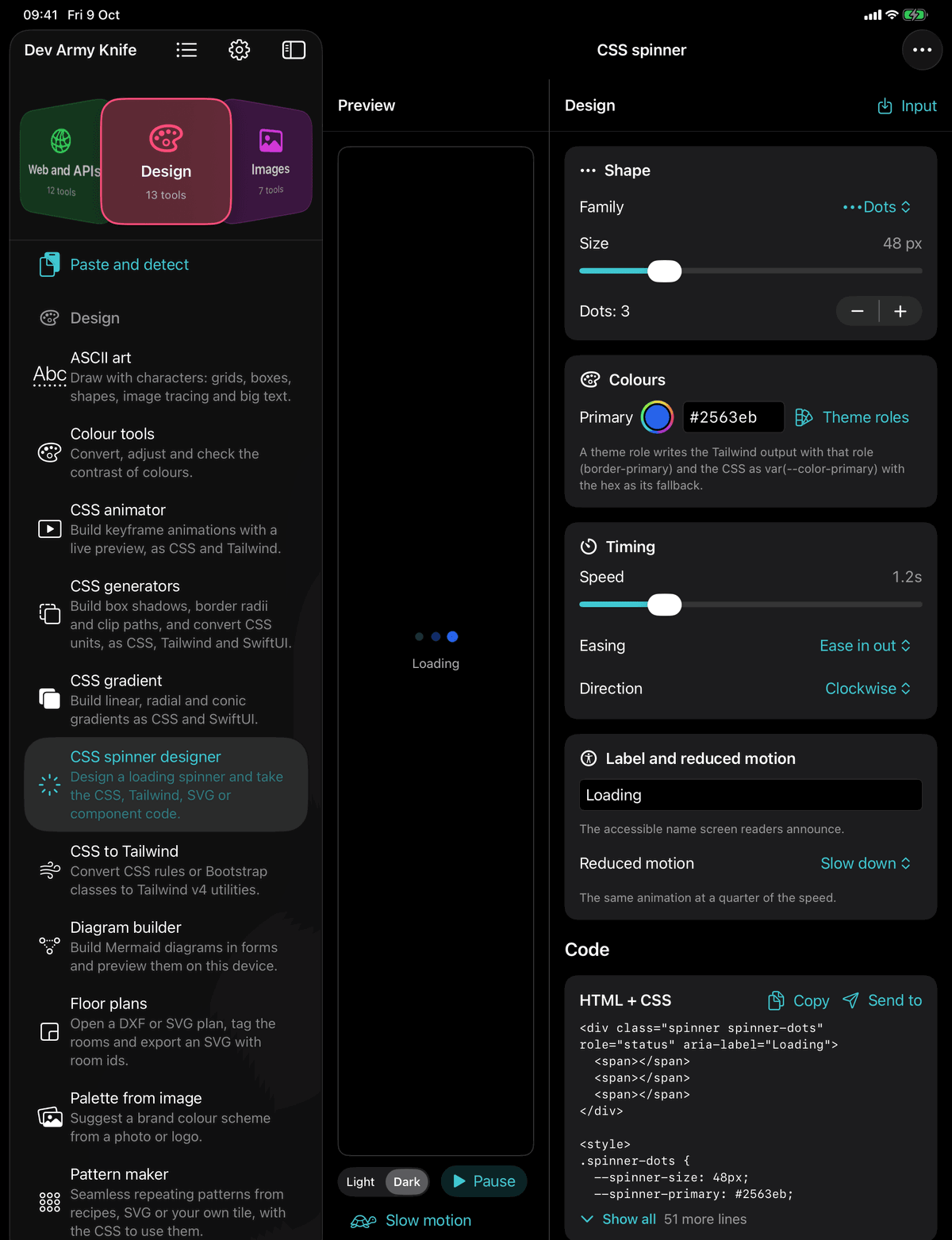 Dev Army Knife on iPad: CSS spinner designer. Design a loading spinner and take the CSS, Tailwind, SVG or component code