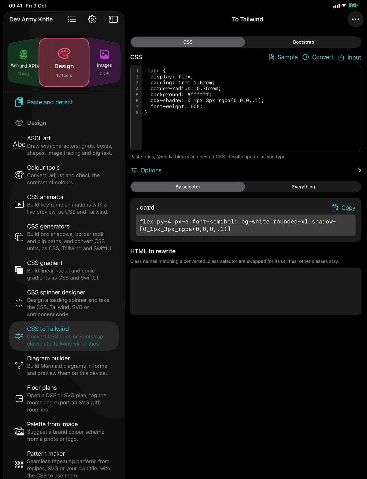 Dev Army Knife on iPad: CSS to Tailwind. Convert CSS rules or Bootstrap classes to Tailwind v4 utilities