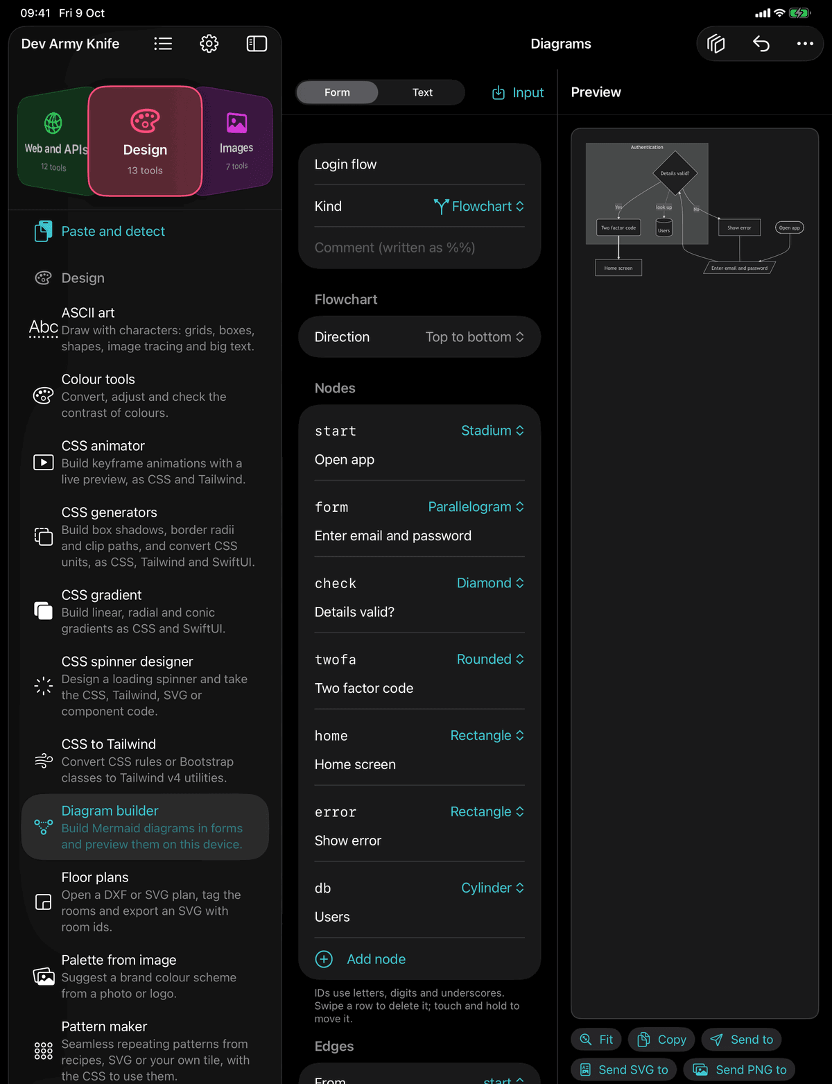 Dev Army Knife on iPad: Diagram builder. Build Mermaid diagrams in forms and preview them on this device