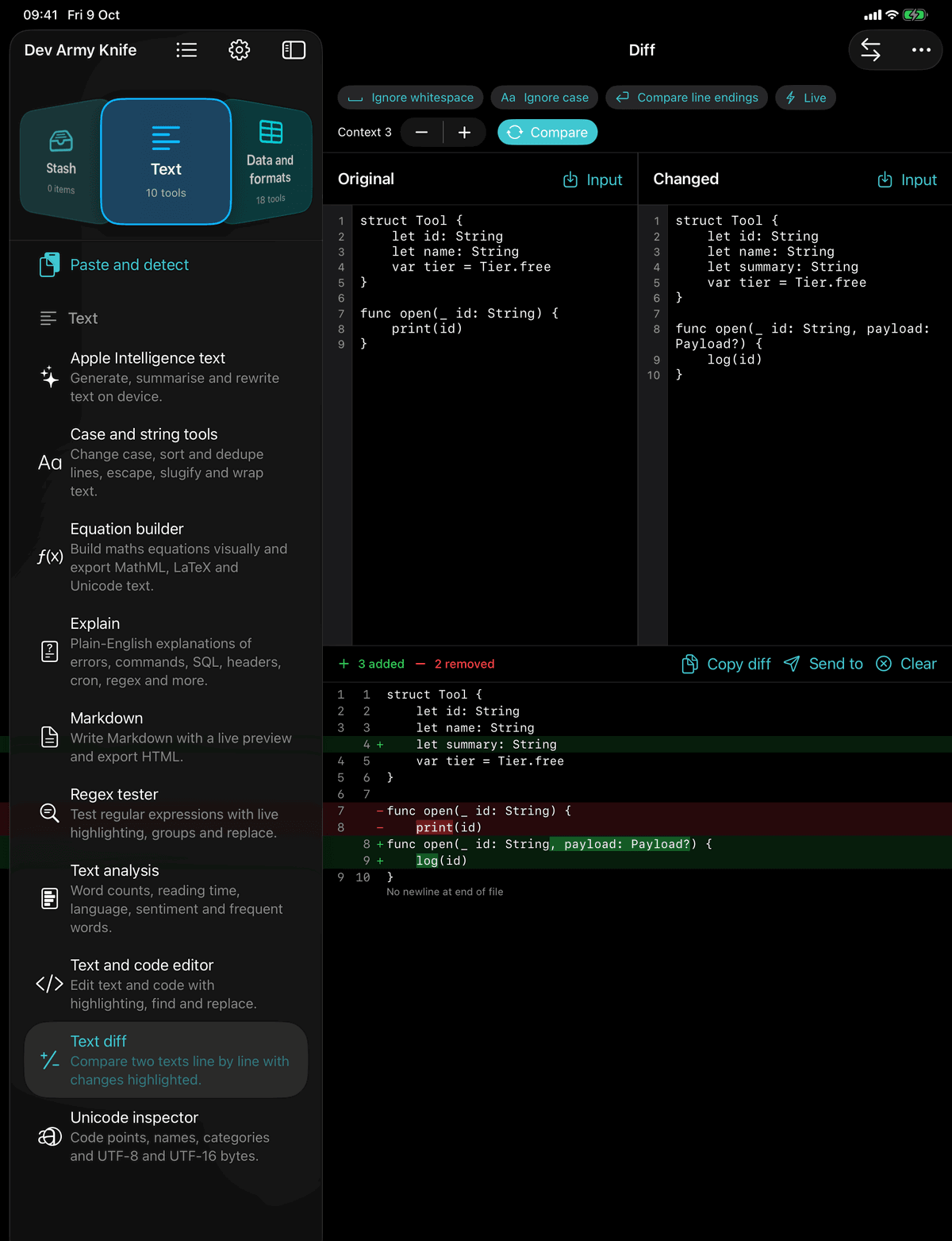 Dev Army Knife on iPad: Text diff. Compare two texts line by line with changes highlighted
