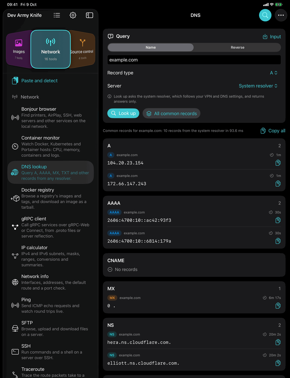 Dev Army Knife on iPad: DNS lookup. Query A, AAAA, MX, TXT and other records from any resolver