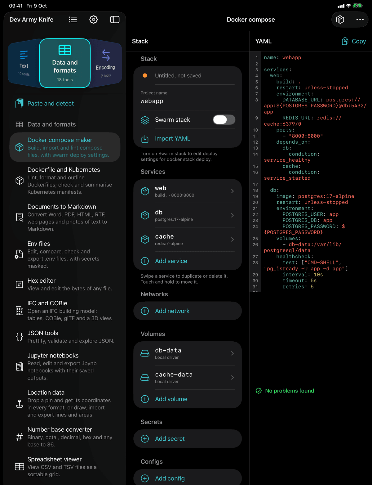 Dev Army Knife on iPad: Docker compose maker. Build, import and lint compose files, with swarm deploy settings