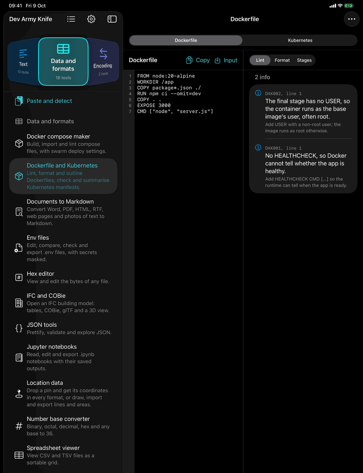 Dev Army Knife on iPad: Dockerfile and Kubernetes. Lint, format and outline Dockerfiles; check and summarise Kubernetes manifests