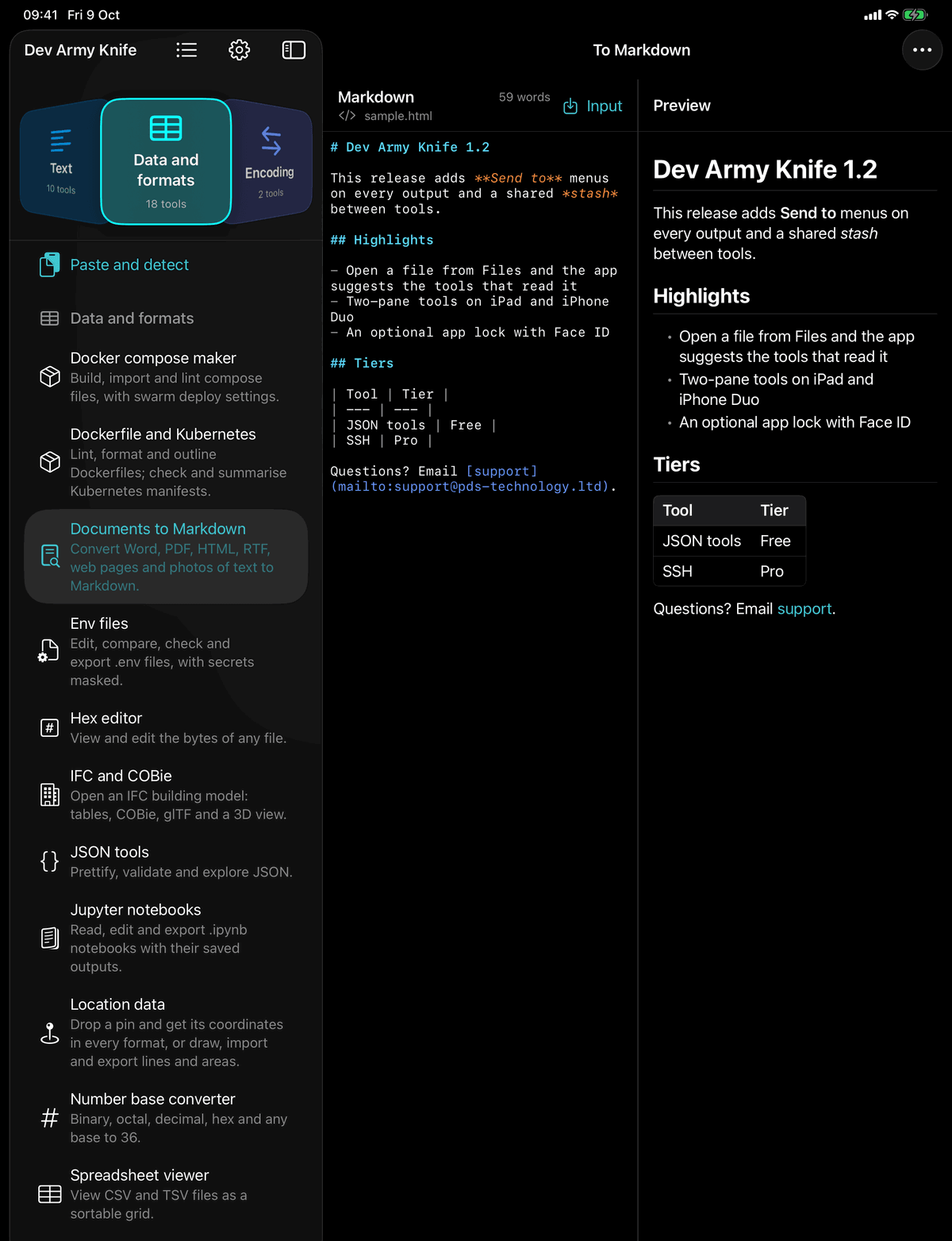 Dev Army Knife on iPad: Documents to Markdown. Convert Word, PDF, HTML, RTF, web pages and photos of text to Markdown