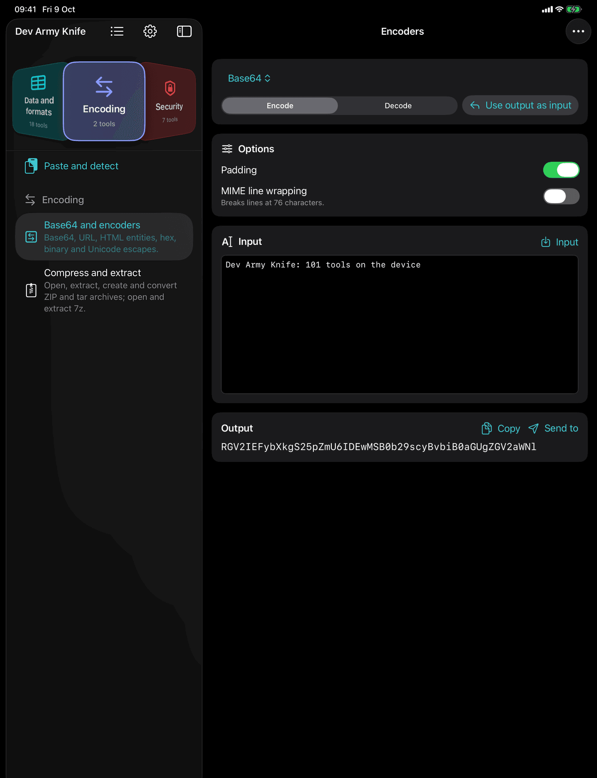 Dev Army Knife on iPad: Base64 and encoders. Base64, URL, HTML entities, hex, binary and Unicode escapes