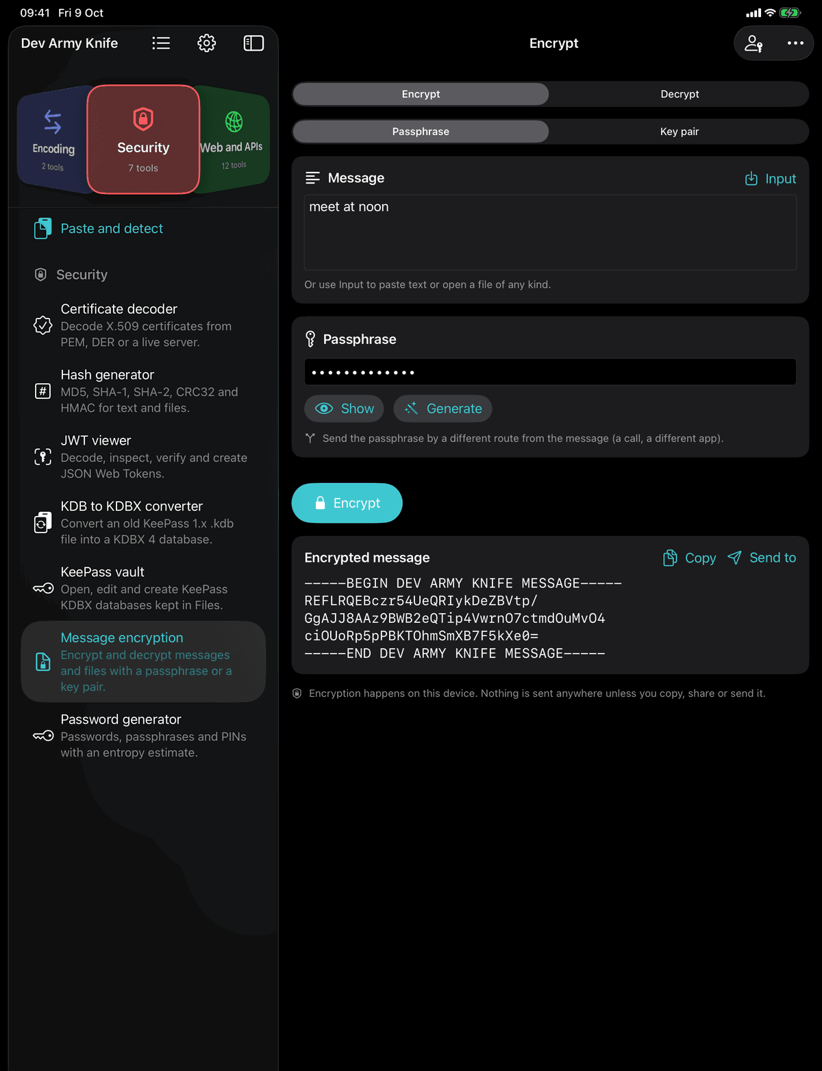 Dev Army Knife on iPad: Message encryption. Encrypt and decrypt messages and files with a passphrase or a key pair