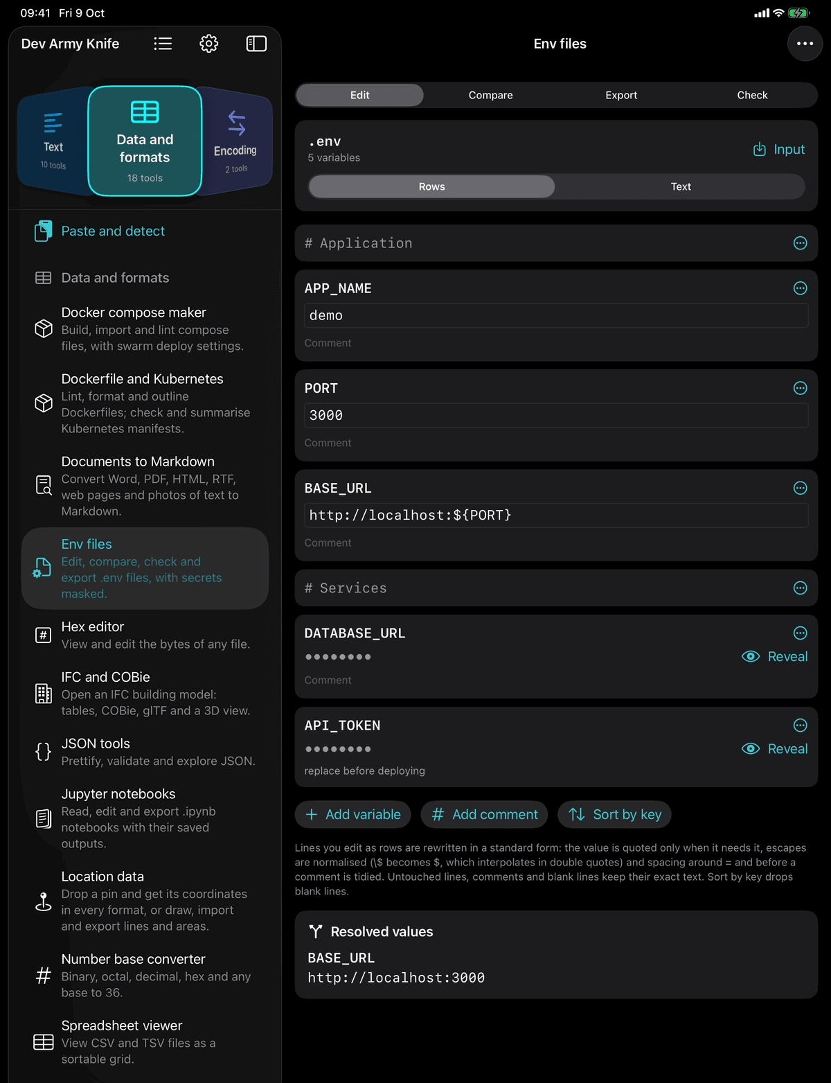Dev Army Knife on iPad: Env files. Edit, compare, check and export .env files, with secrets masked
