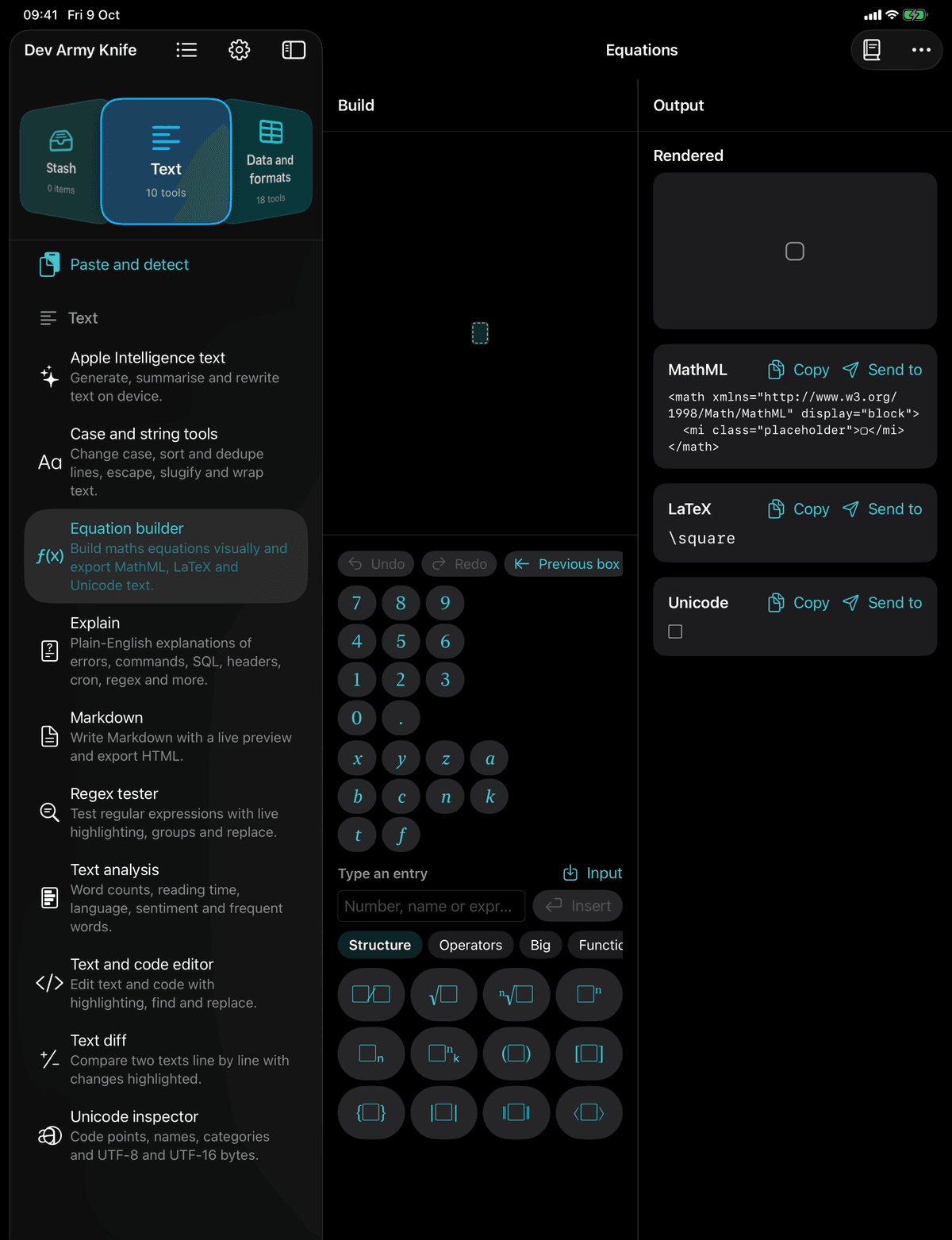 Dev Army Knife on iPad: Equation builder. Build maths equations visually and export MathML, LaTeX and Unicode text