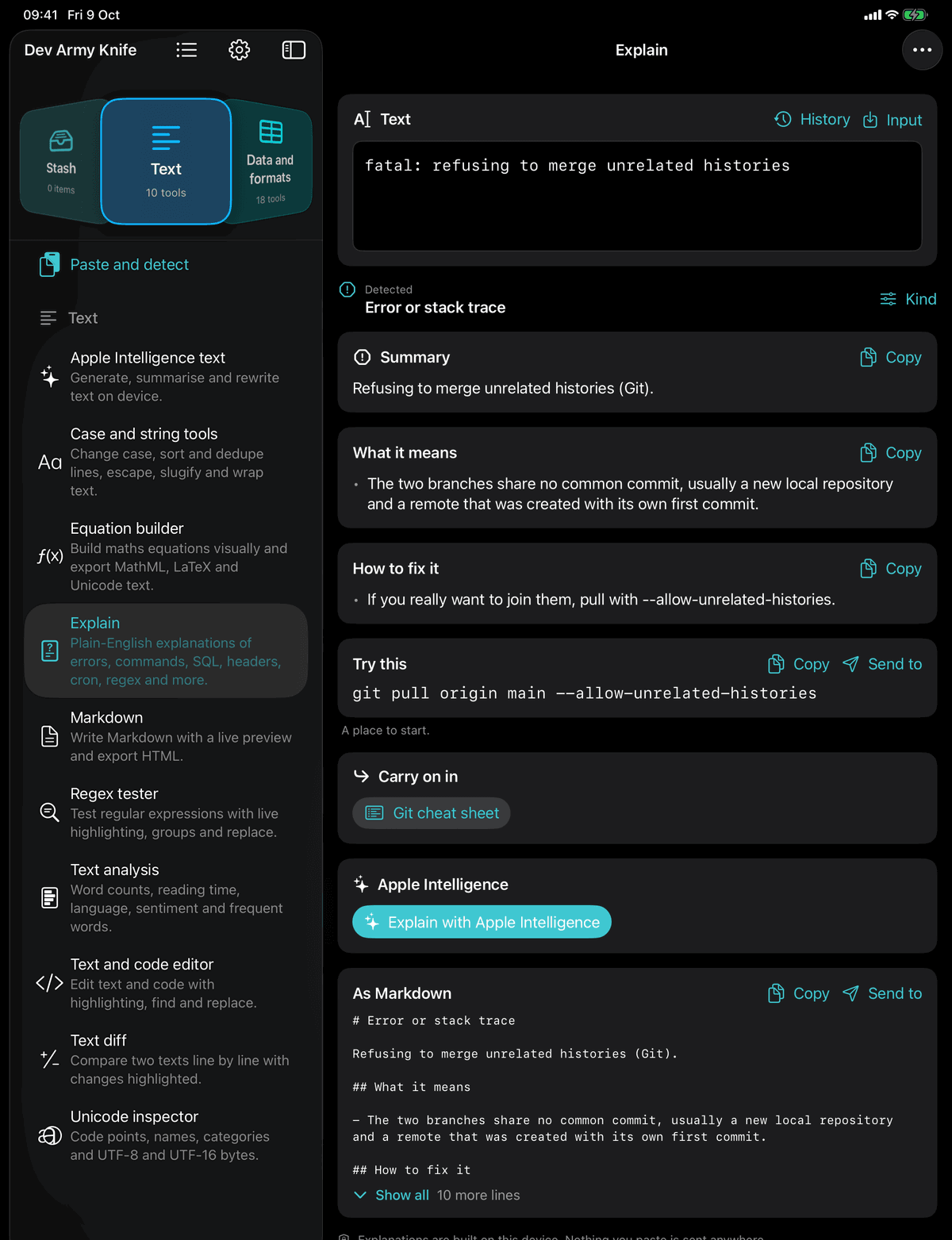 Dev Army Knife on iPad: Explain. Plain-English explanations of errors, commands, SQL, headers, cron, regex and more