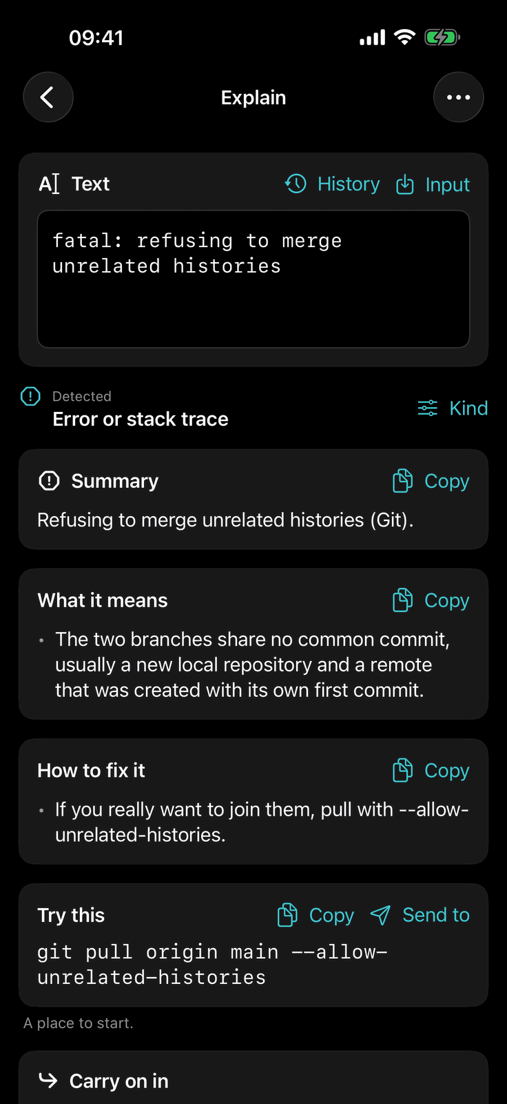 Dev Army Knife on iPhone: Explain. Plain-English explanations of errors, commands, SQL, headers, cron, regex and more