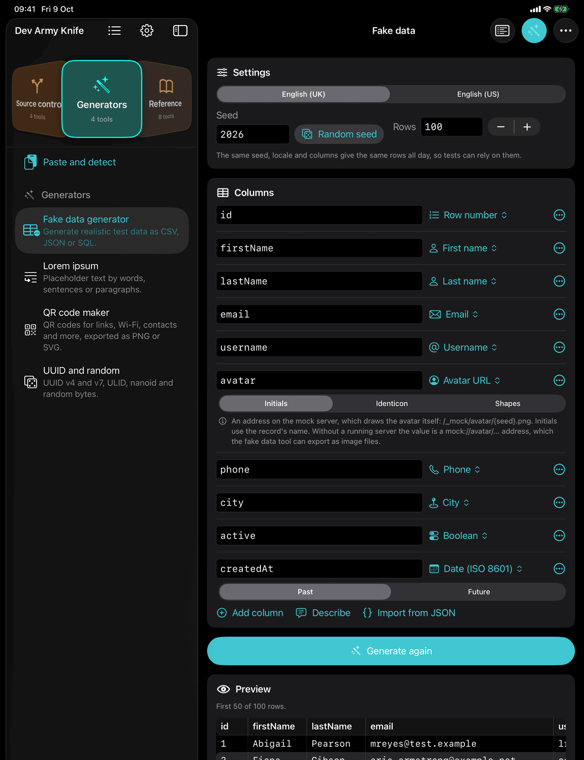 Dev Army Knife on iPad: Fake data generator. Generate realistic test data as CSV, JSON or SQL