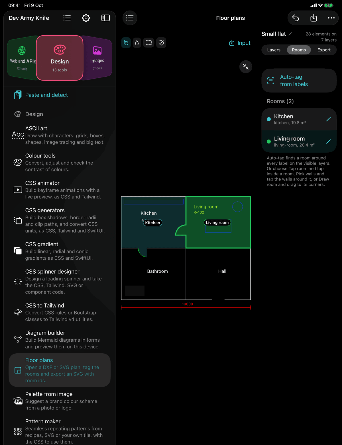 Dev Army Knife on iPad: Floor plans. Open a DXF or SVG plan, tag the rooms and export an SVG with room ids