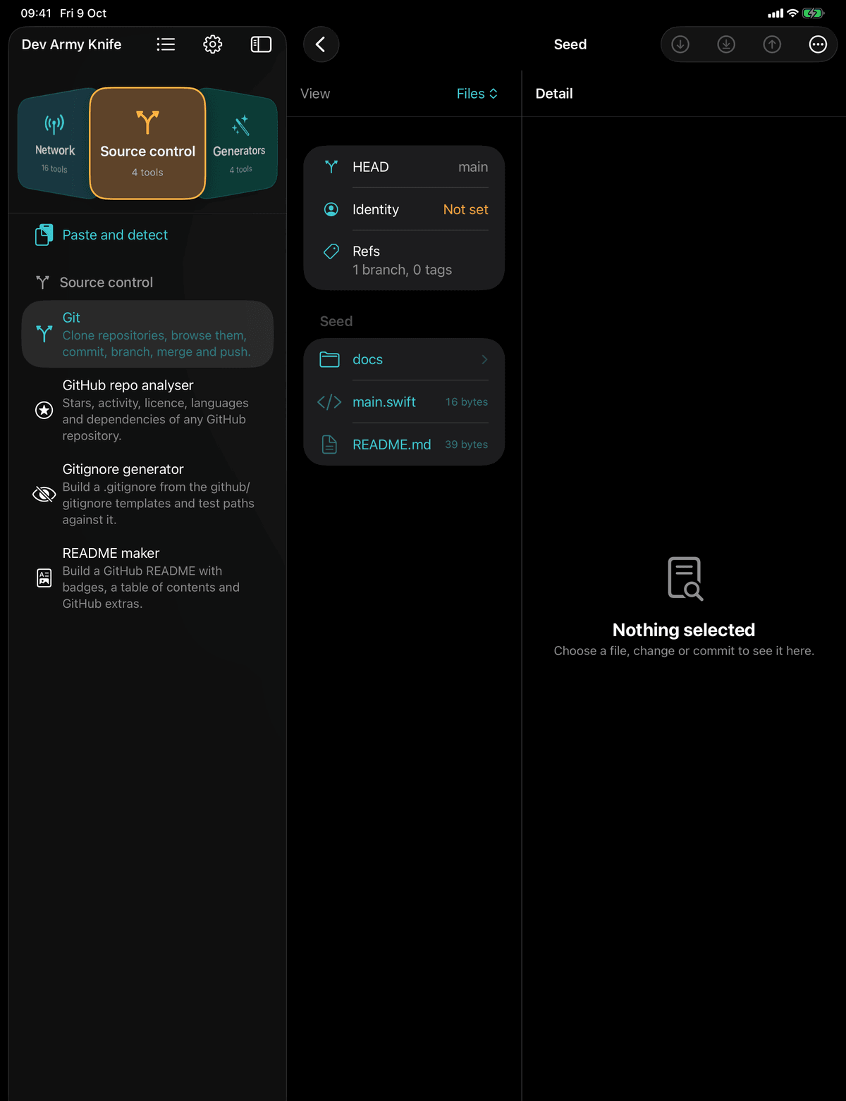 Dev Army Knife on iPad: Git. Clone repositories, browse them, commit, branch, merge and push