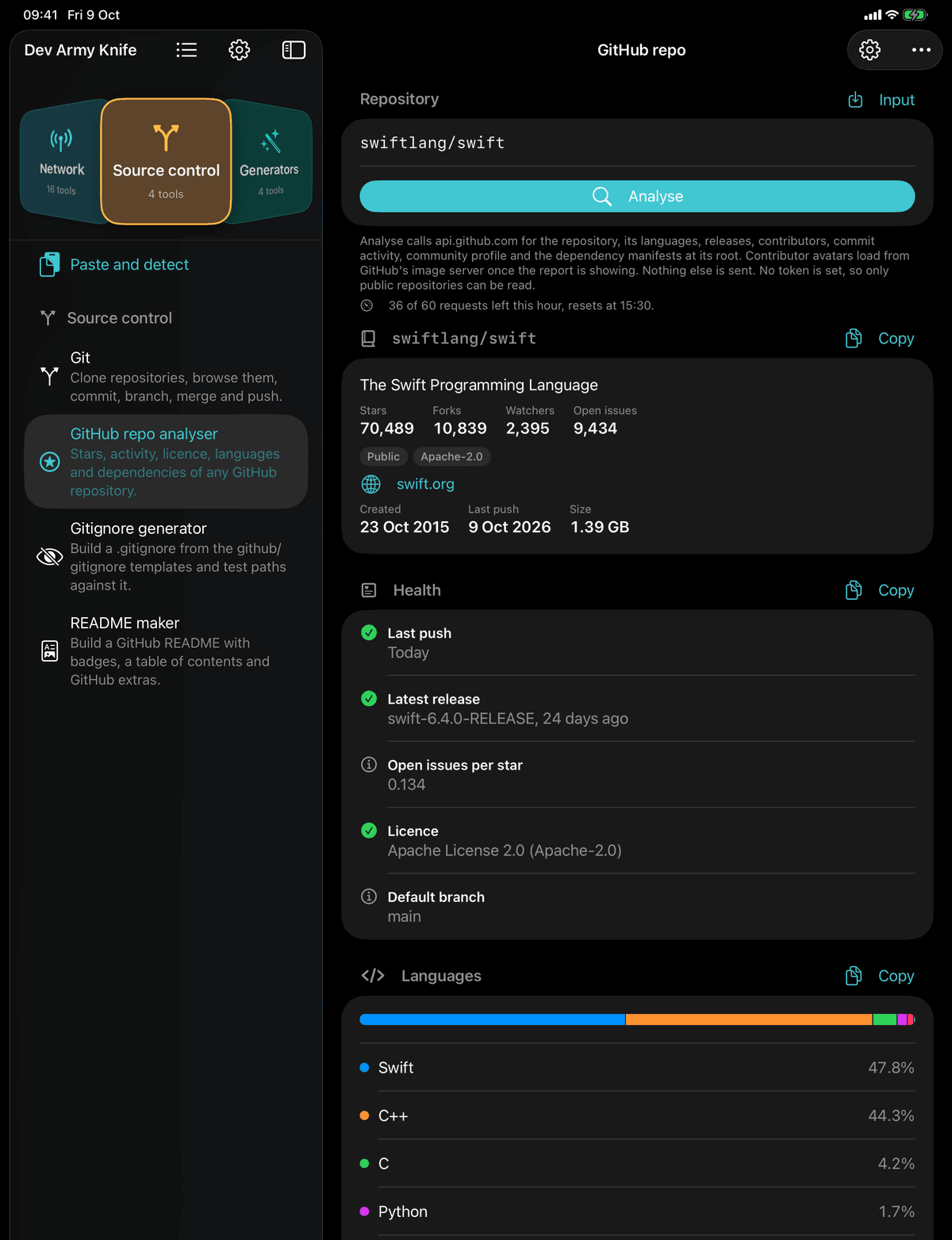 Dev Army Knife on iPad: GitHub repo analyser. Stars, activity, licence, languages and dependencies of any GitHub repository