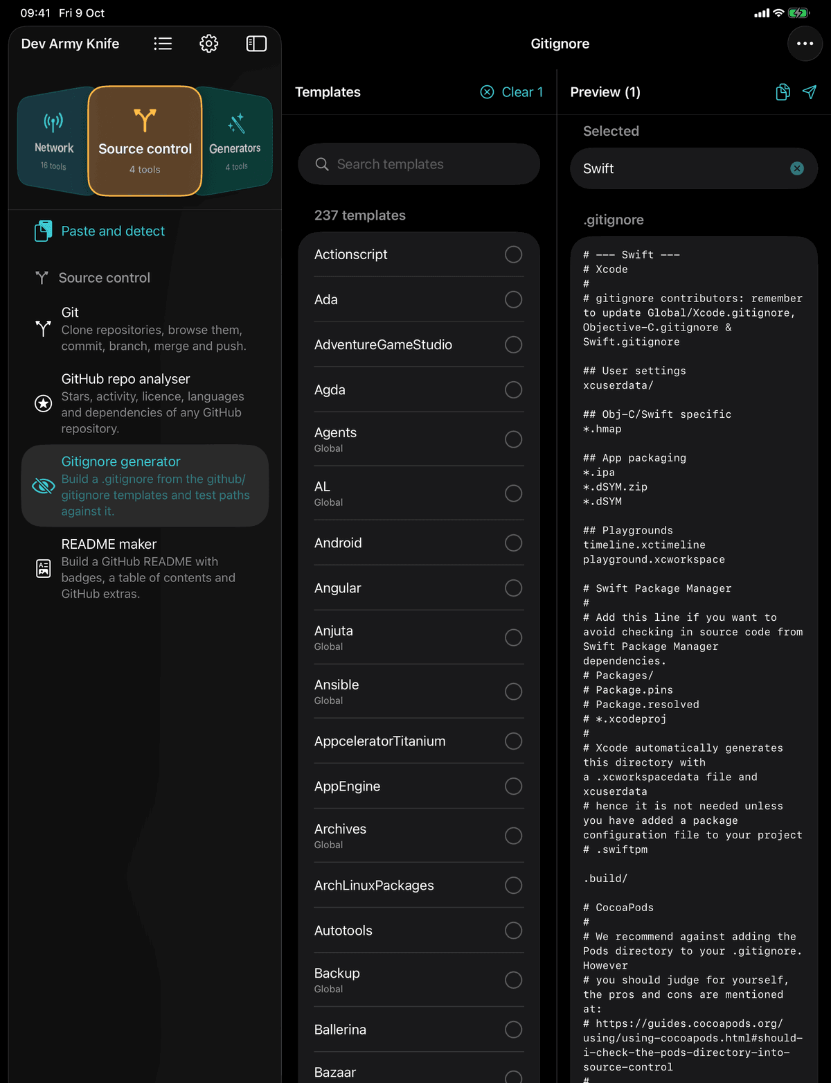 Dev Army Knife on iPad: Gitignore generator. Build a .gitignore from the github/gitignore templates and test paths against it