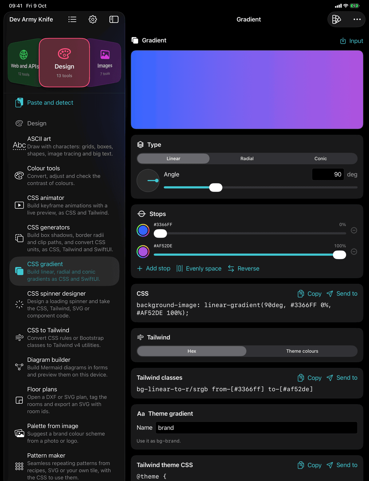 Dev Army Knife on iPad: CSS gradient. Build linear, radial and conic gradients as CSS and SwiftUI