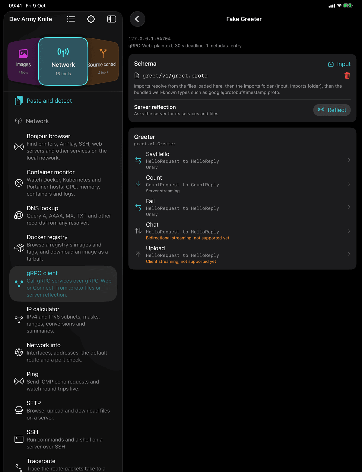 Dev Army Knife on iPad: gRPC client. Call gRPC services over gRPC-Web or Connect, from .proto files or server reflection