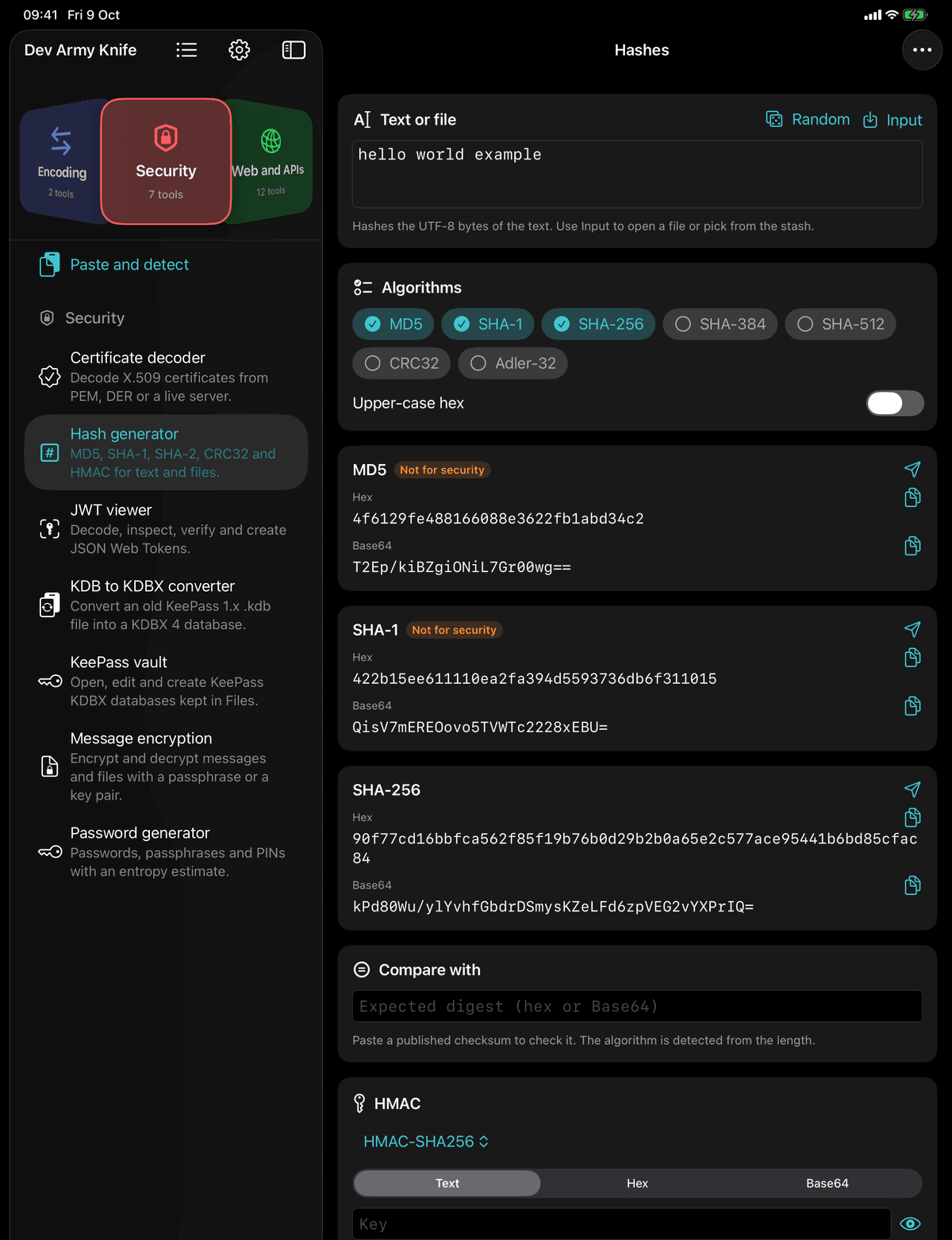 Dev Army Knife on iPad: Hash generator. MD5, SHA-1, SHA-2, CRC32 and HMAC for text and files
