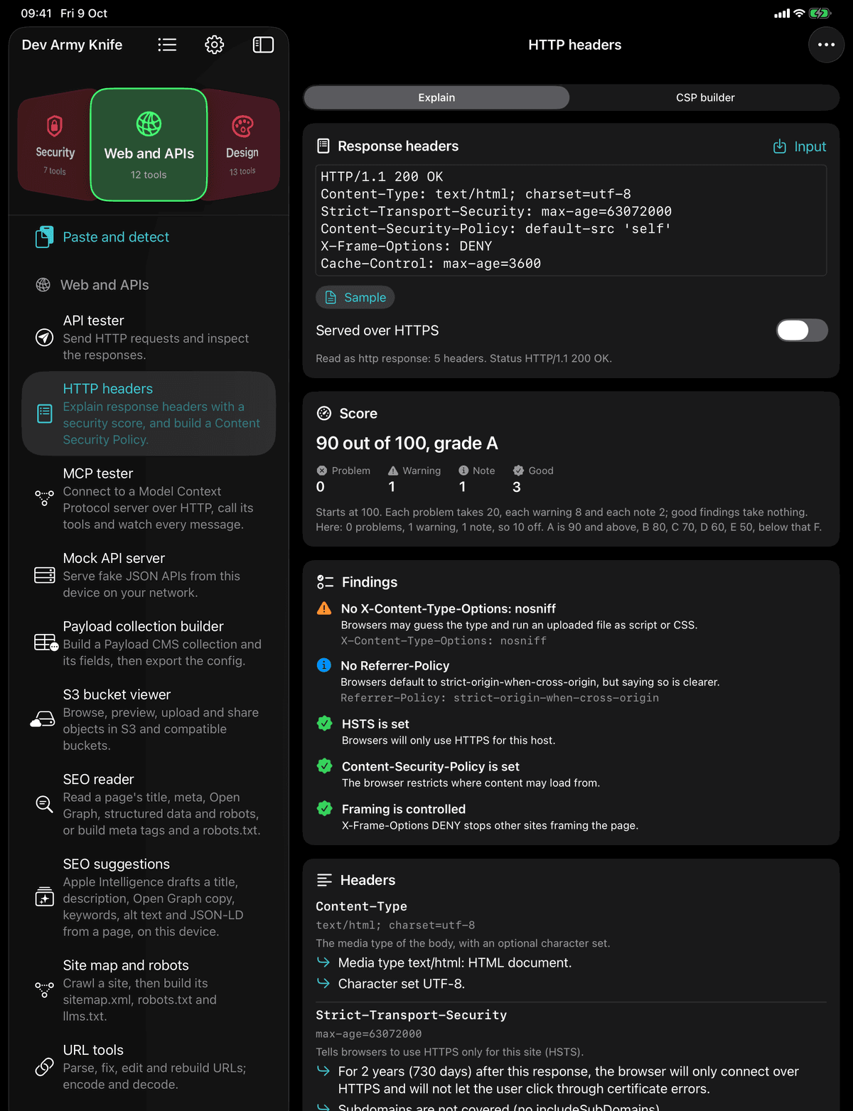 Dev Army Knife on iPad: HTTP headers. Explain response headers with a security score, and build a Content Security Policy