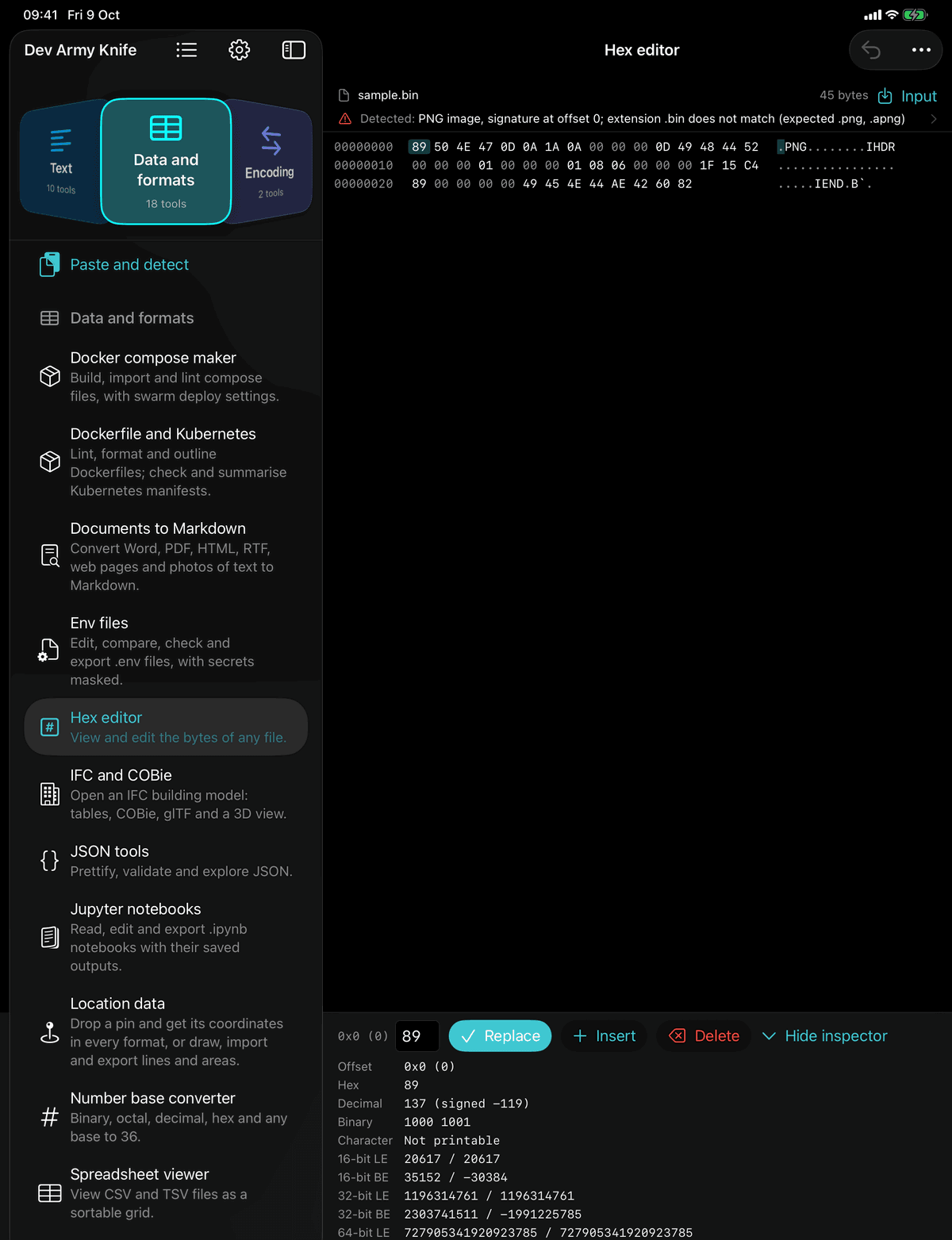 Dev Army Knife on iPad: Hex editor. View and edit the bytes of any file