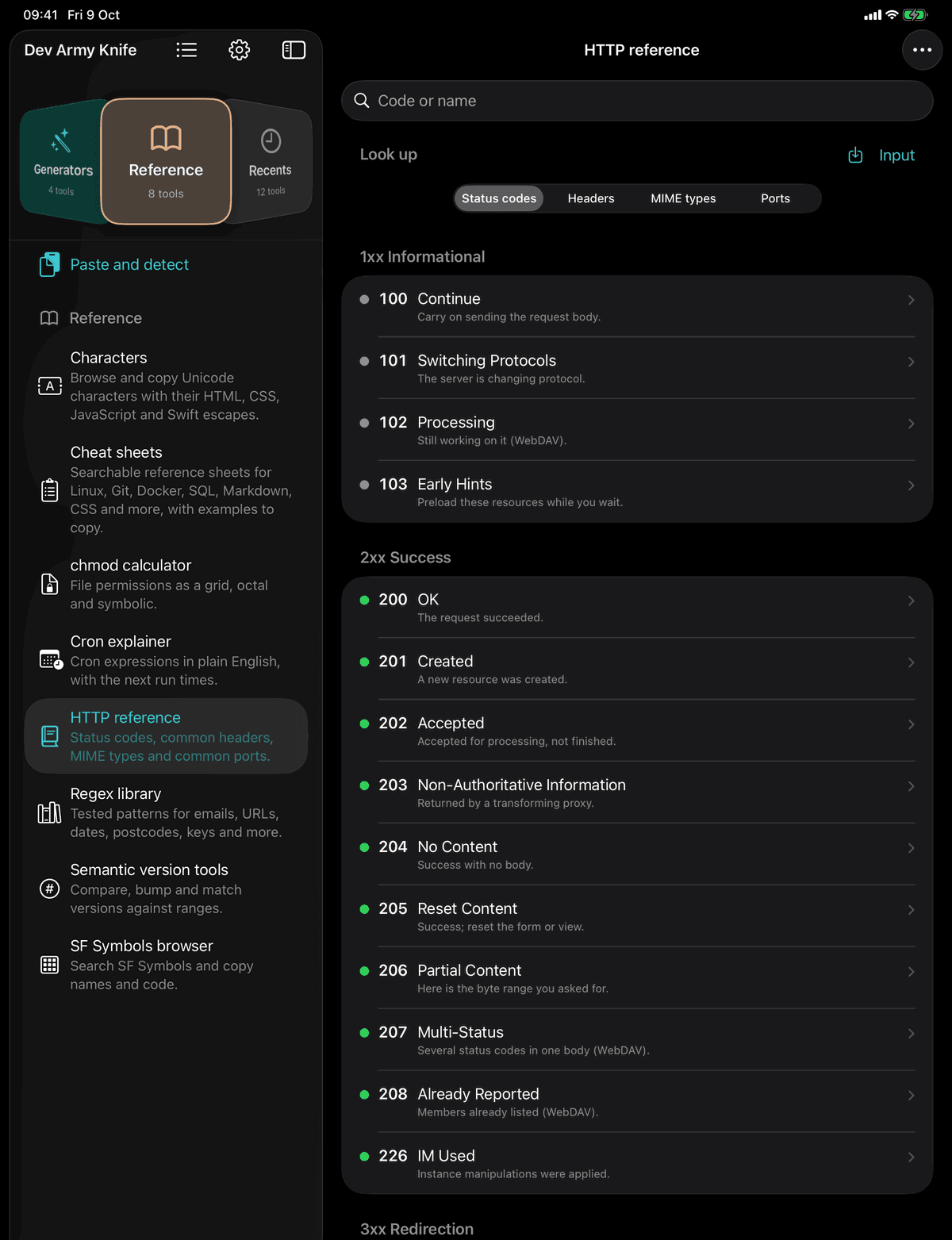 Dev Army Knife on iPad: HTTP reference. Status codes, common headers, MIME types and common ports