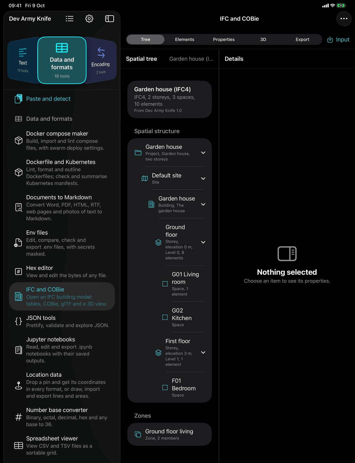 Dev Army Knife on iPad: IFC and COBie. Open an IFC building model: tables, COBie, glTF and a 3D view