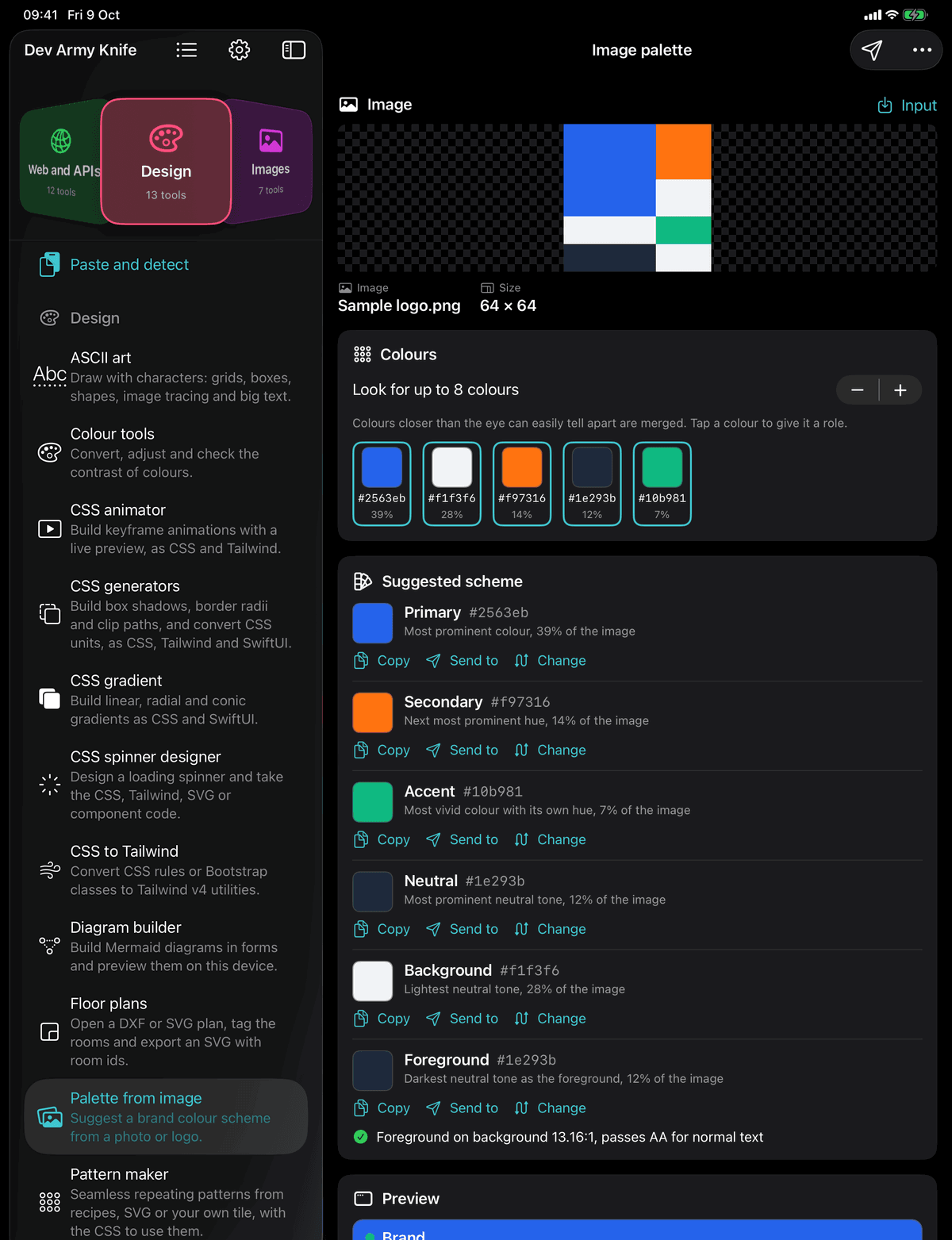 Dev Army Knife on iPad: Palette from image. Suggest a brand colour scheme from a photo or logo