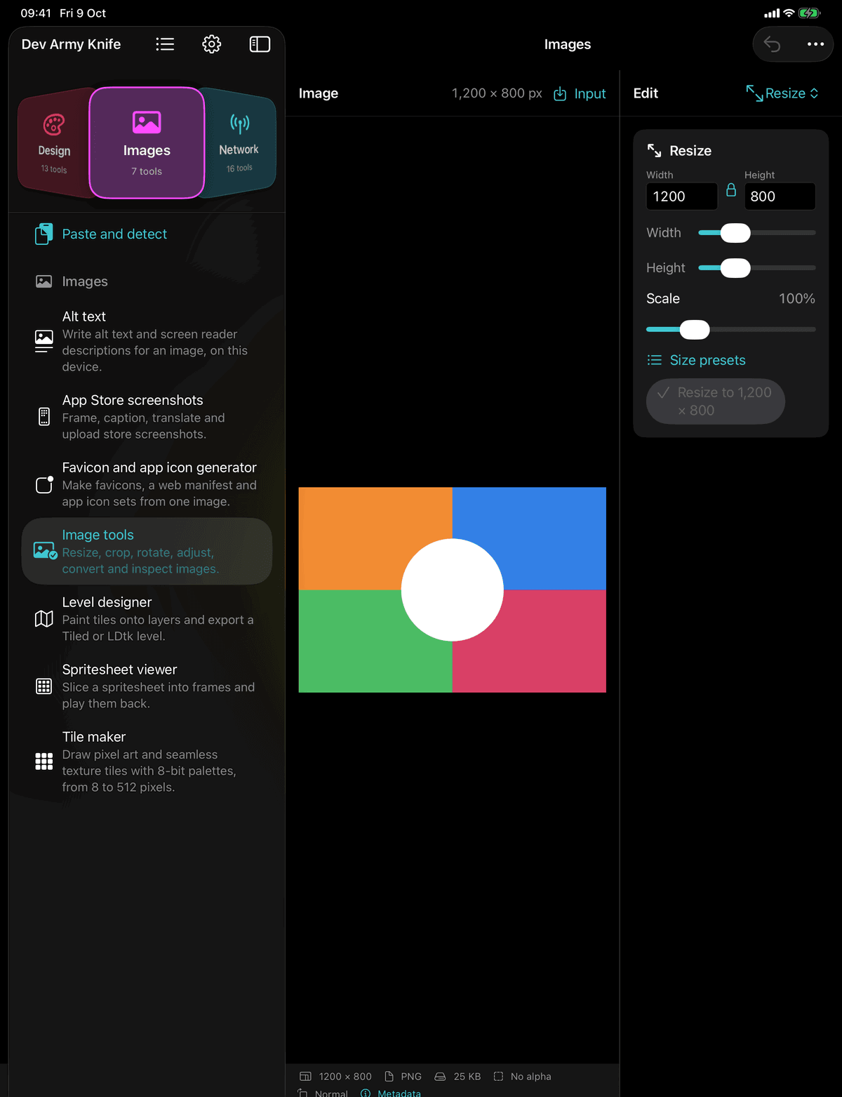 Dev Army Knife on iPad: Image tools. Resize, crop, rotate, adjust, convert and inspect images