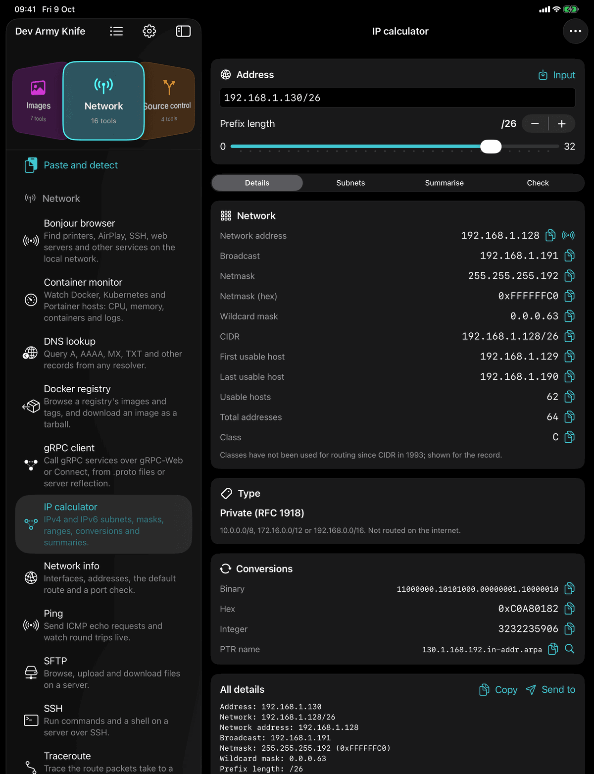 Dev Army Knife on iPad: IP calculator. IPv4 and IPv6 subnets, masks, ranges, conversions and summaries