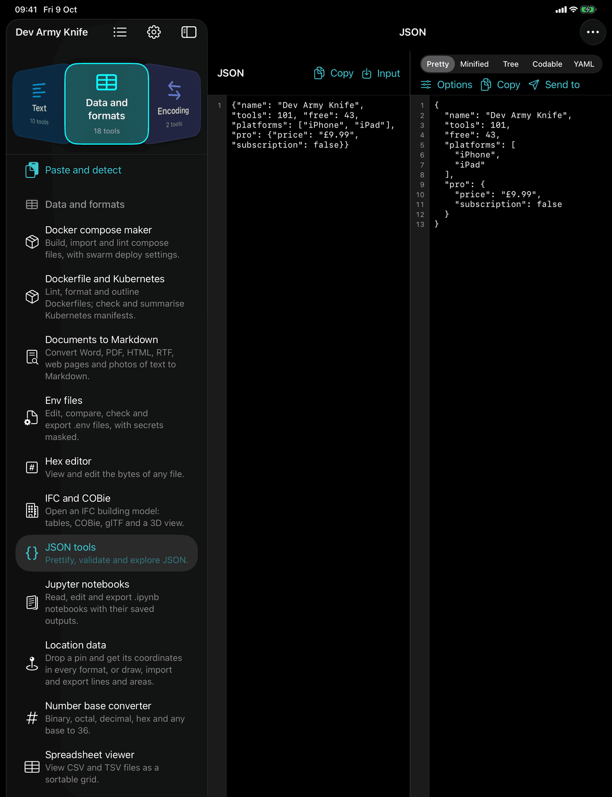 Dev Army Knife on iPad: JSON tools. Prettify, validate and explore JSON