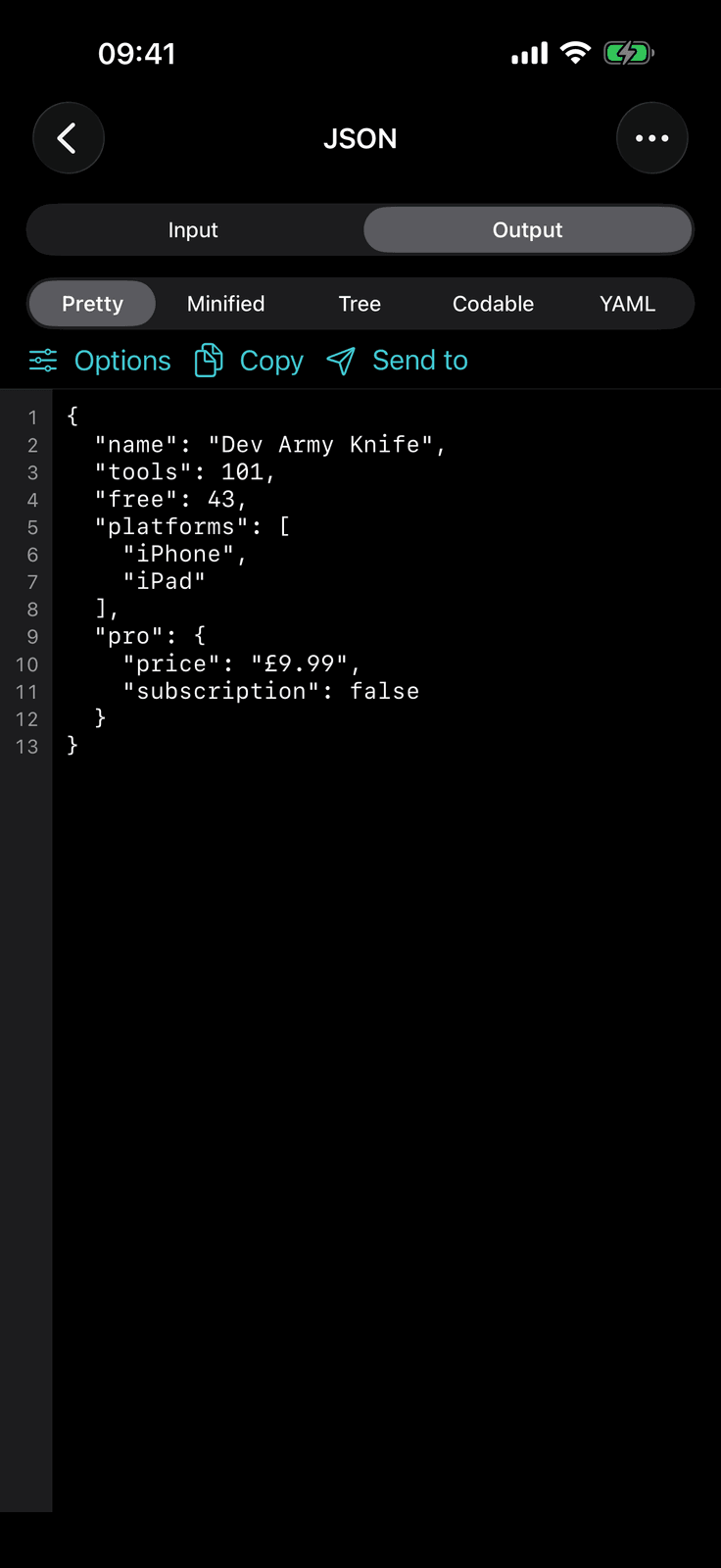 Dev Army Knife on iPhone: JSON tools. Prettify, validate and explore JSON