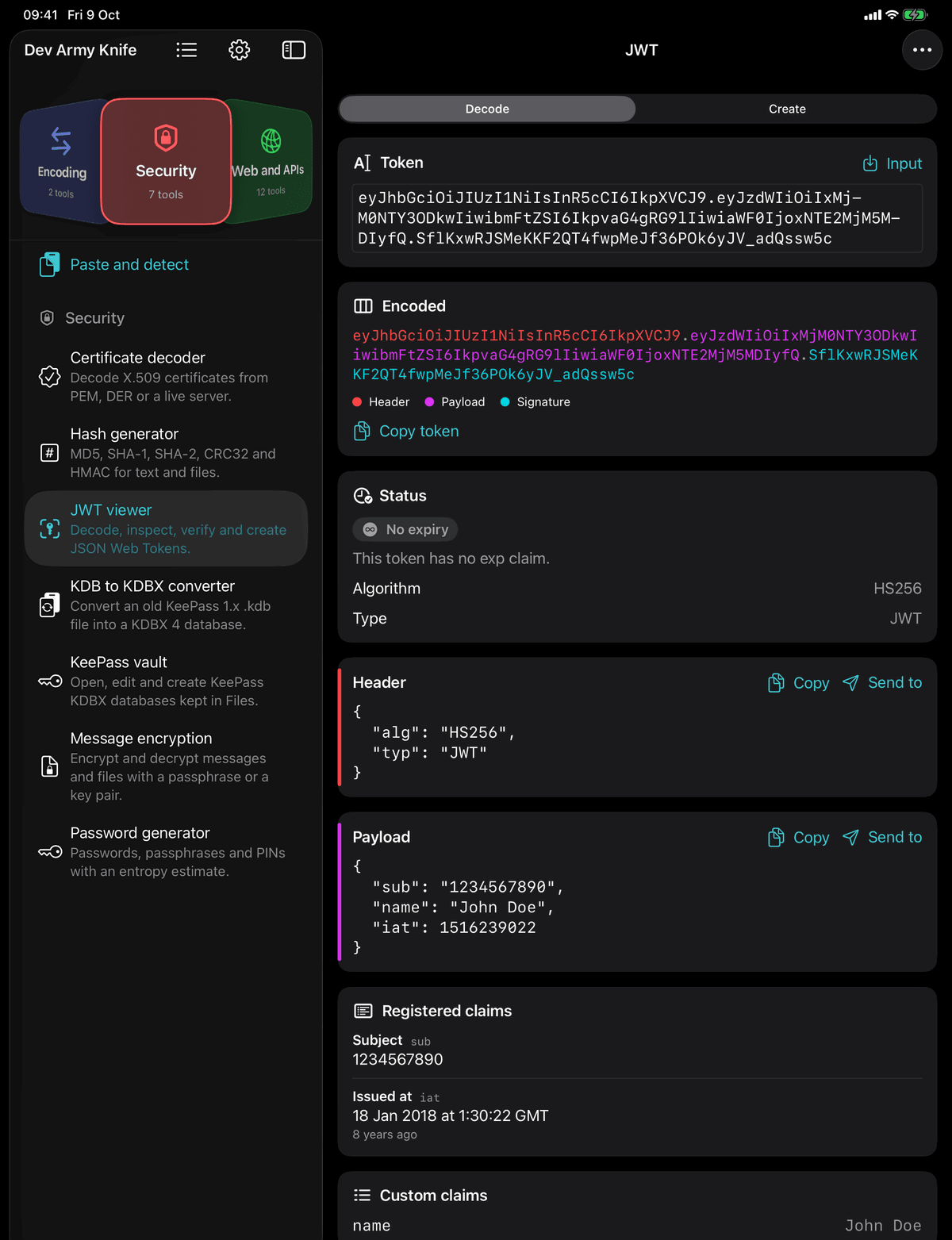 Dev Army Knife on iPad: JWT viewer. Decode, inspect, verify and create JSON Web Tokens